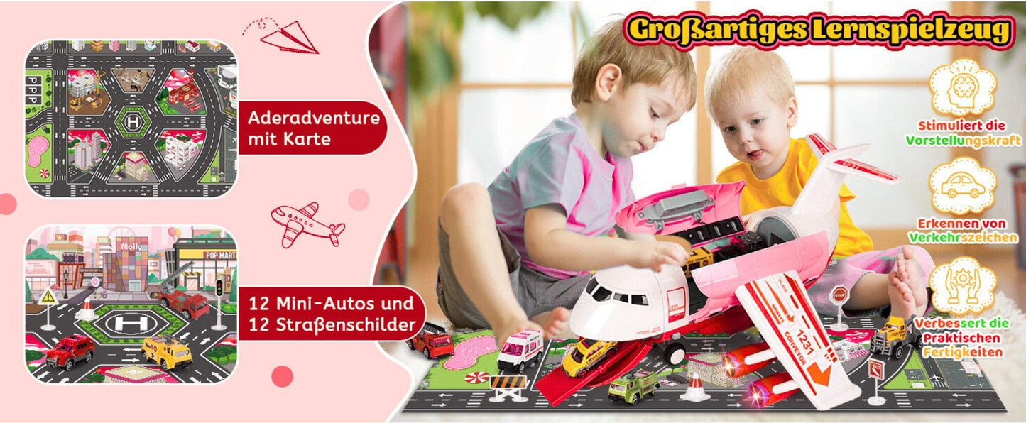 Spielzeug-Flugzeug mit Lichtern, Geräuschen, Sprühfunktion und 12-teiligem Spielzeugauto