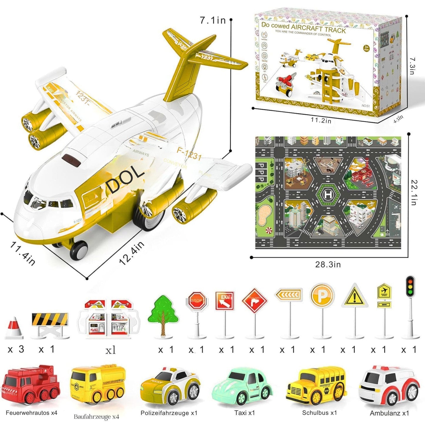 Spielzeug-Flugzeug mit 12 Stadtautos & Rennstrecke Rennbahn Auto Spielzeug für Kinder