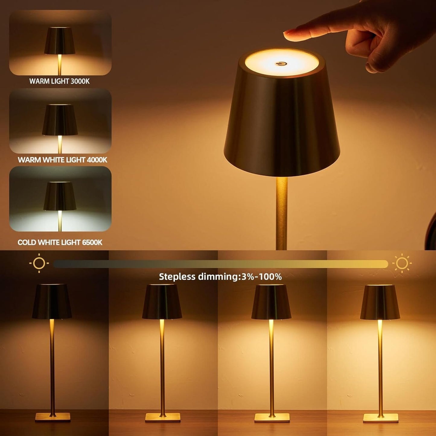 LED Tischleuchte mit 3 Farbtemperaturen -Wiederaufladbar,Touch-Dimmer,IP54 Wasserdicht