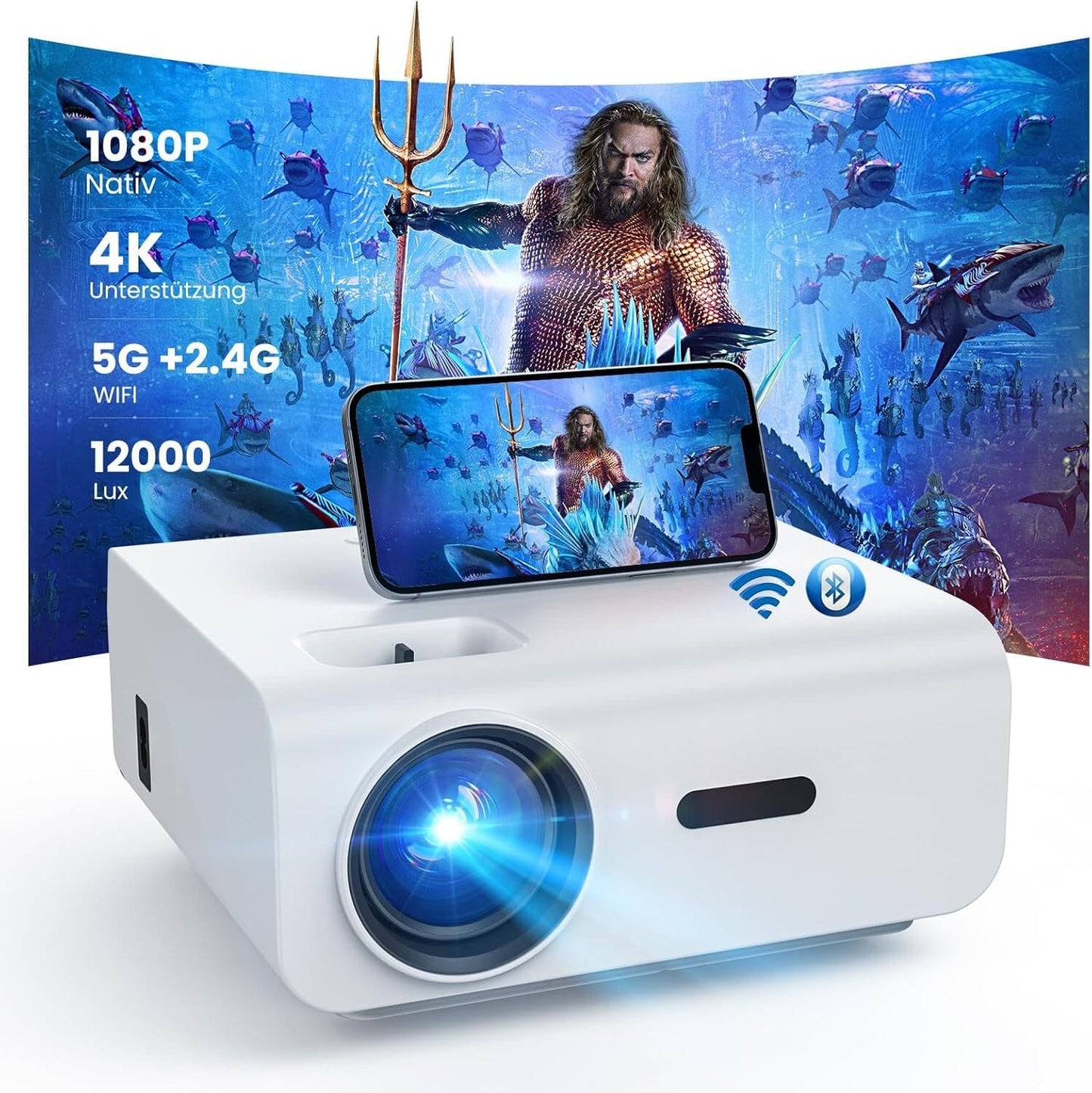 Mini-Projektor Full HD 1080P, 12.000 Lumen, 300-Zoll-Projektor LED-Beamer