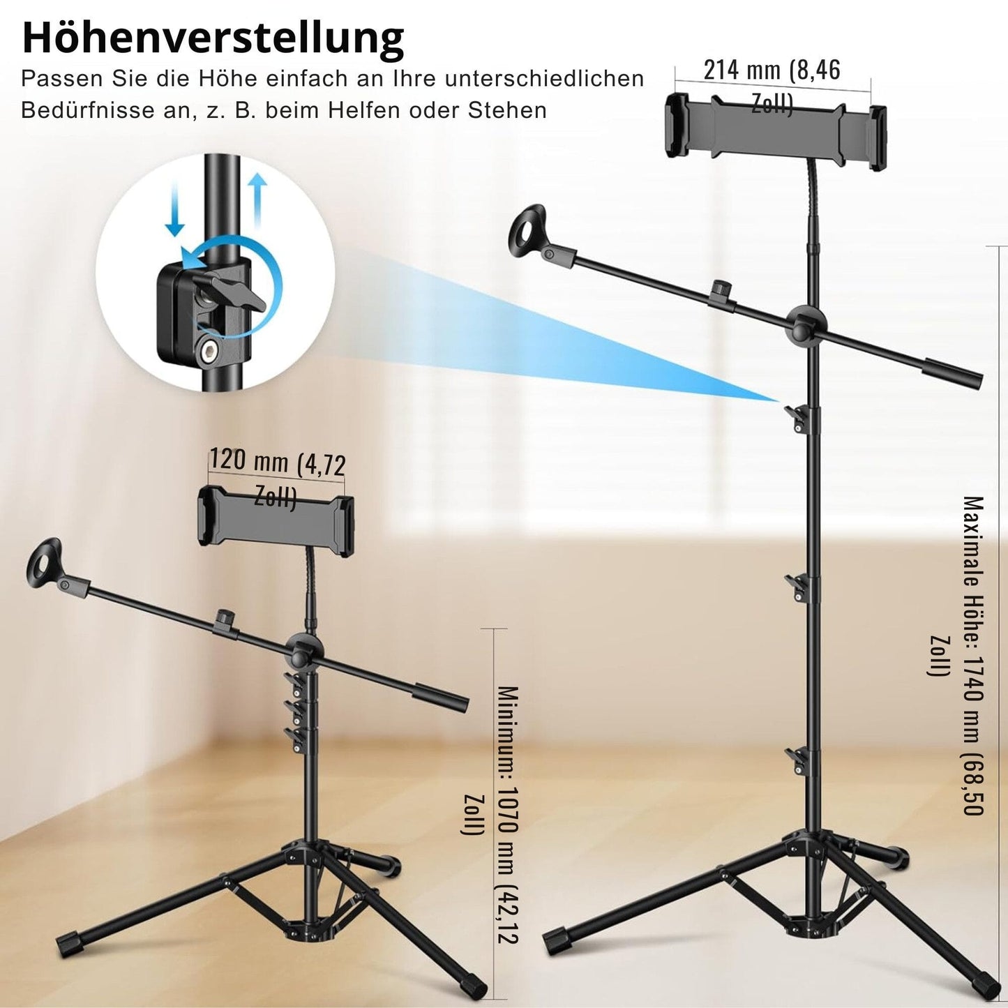 Mikrofonständer mit Galgenarm und Tragetasche – Stabiles Stativ aus Stahl, 107–174 cm
