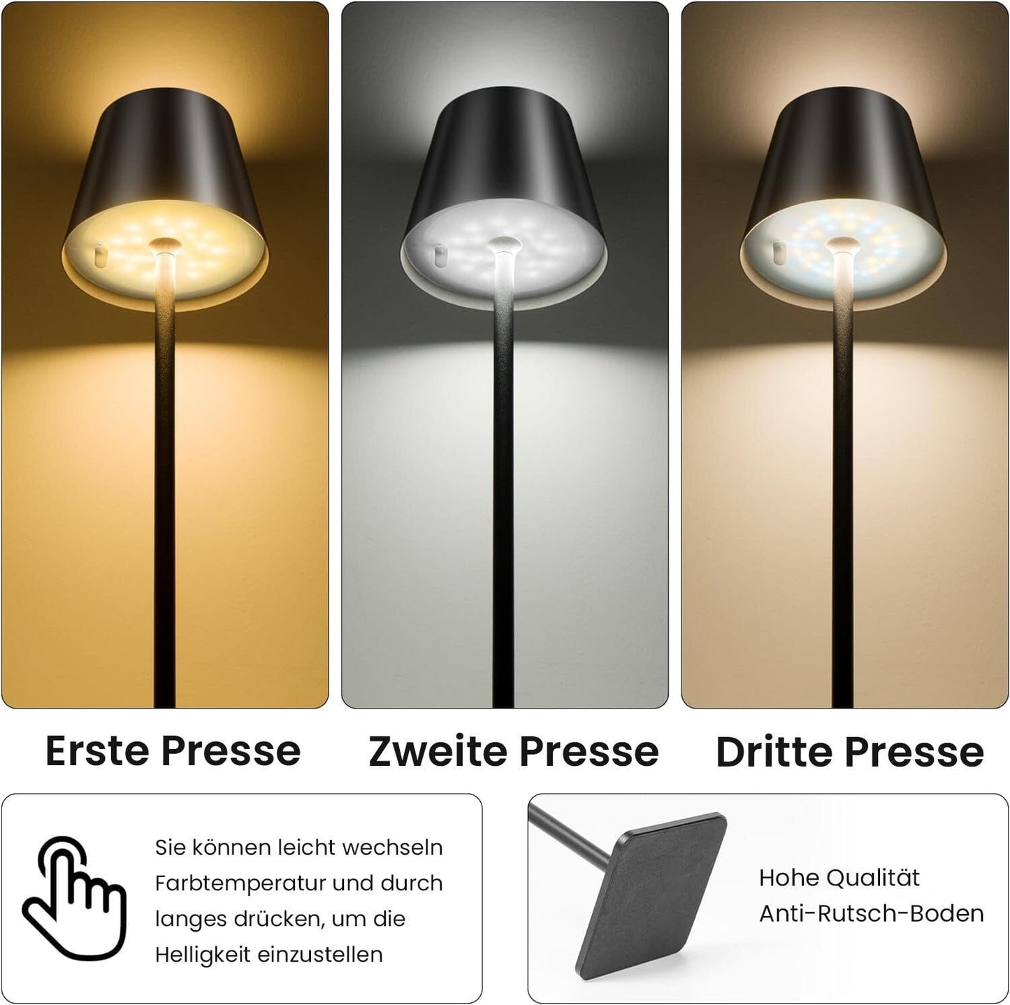 LED Tischleuchte mit 3 Farbtemperaturen -Wiederaufladbar,Touch-Dimmer,IP54 Wasserdicht