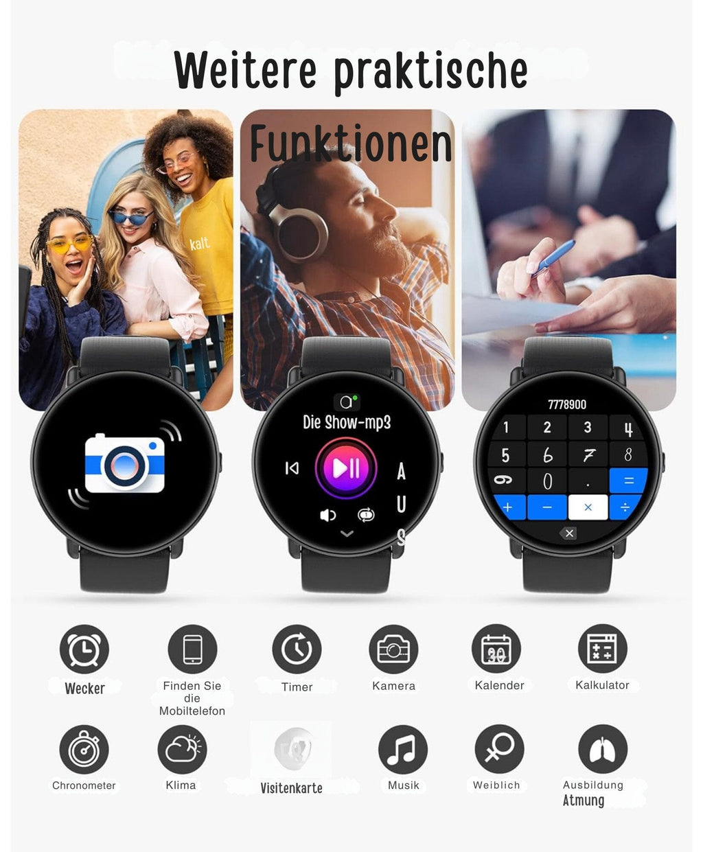 Damen & Herren – Fitnessuhr mit Bluetooth-Telefonie, AMOLED-Display Smartwatch