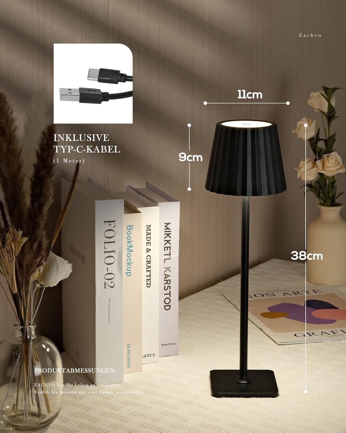 LED Tischleuchte mit 3 Farbtemperaturen -Wiederaufladbar,Touch-Dimmer,IP54 Wasserdicht