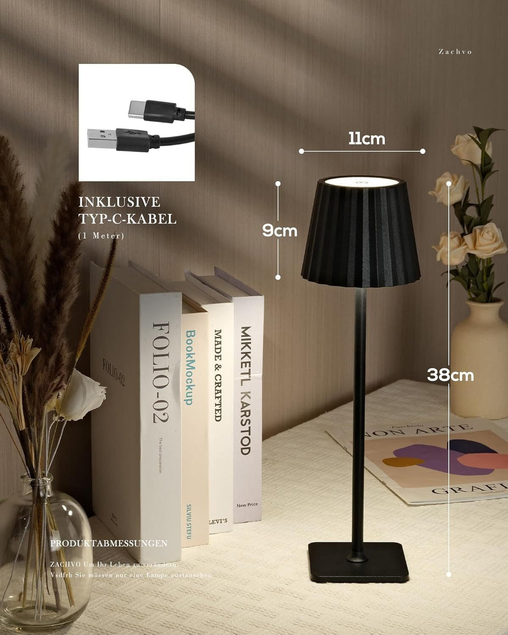 LED Tischleuchte mit 3 Farbtemperaturen -Wiederaufladbar,Touch-Dimmer,IP54 Wasserdicht