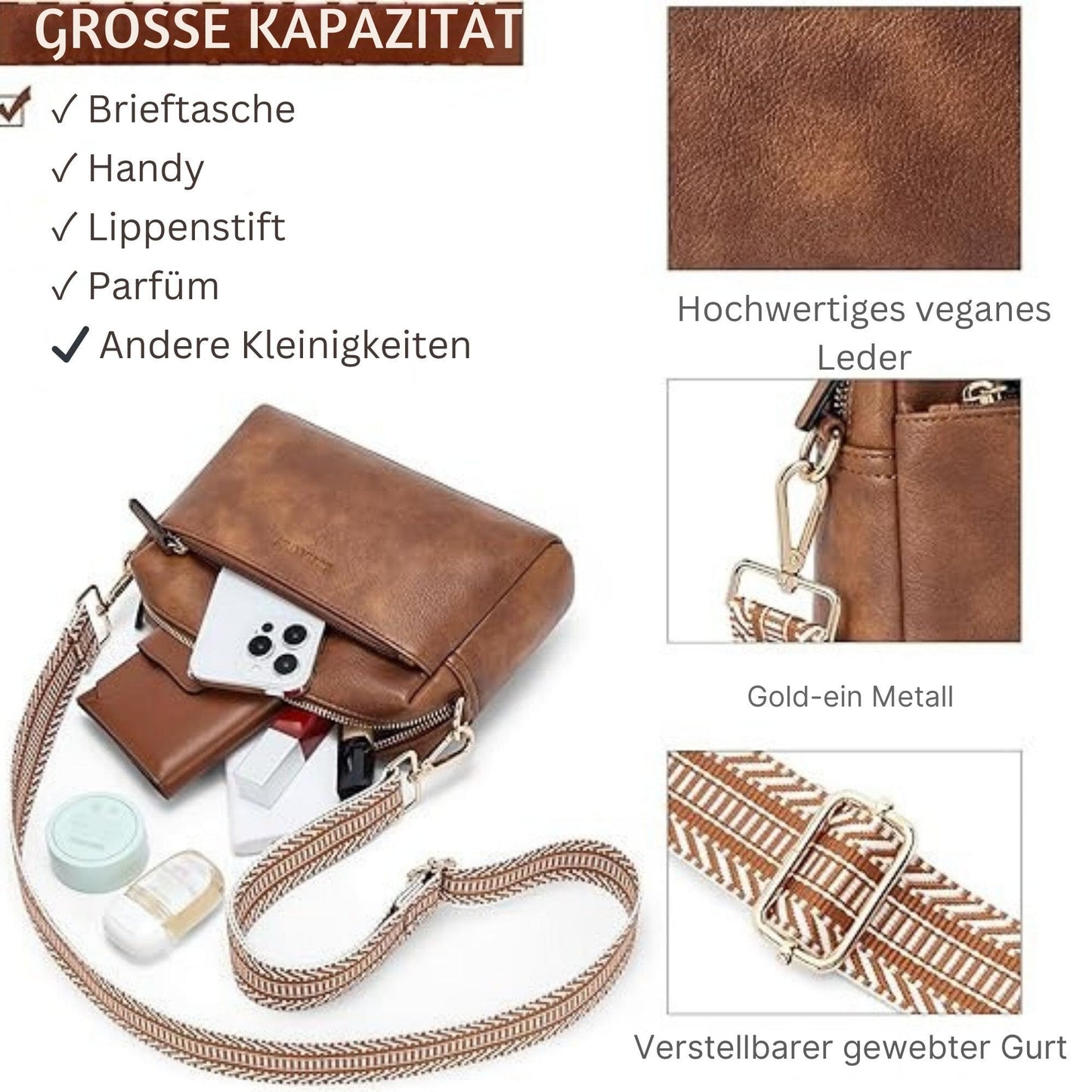 Handtasche Kleine Umhängetasche für Frauen Dreifach-Reißverschluss