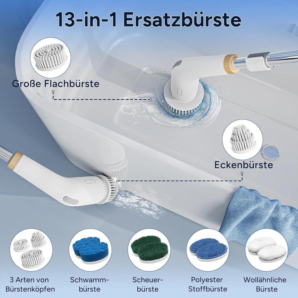 Reinigungsbürste mit 11 Bürstenköpfen, Teleskopgriff, 2 Geschwindigkeiten kabellos
