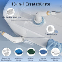 Reinigungsbürste mit 11 Bürstenköpfen, Teleskopgriff, 2 Geschwindigkeiten kabellos