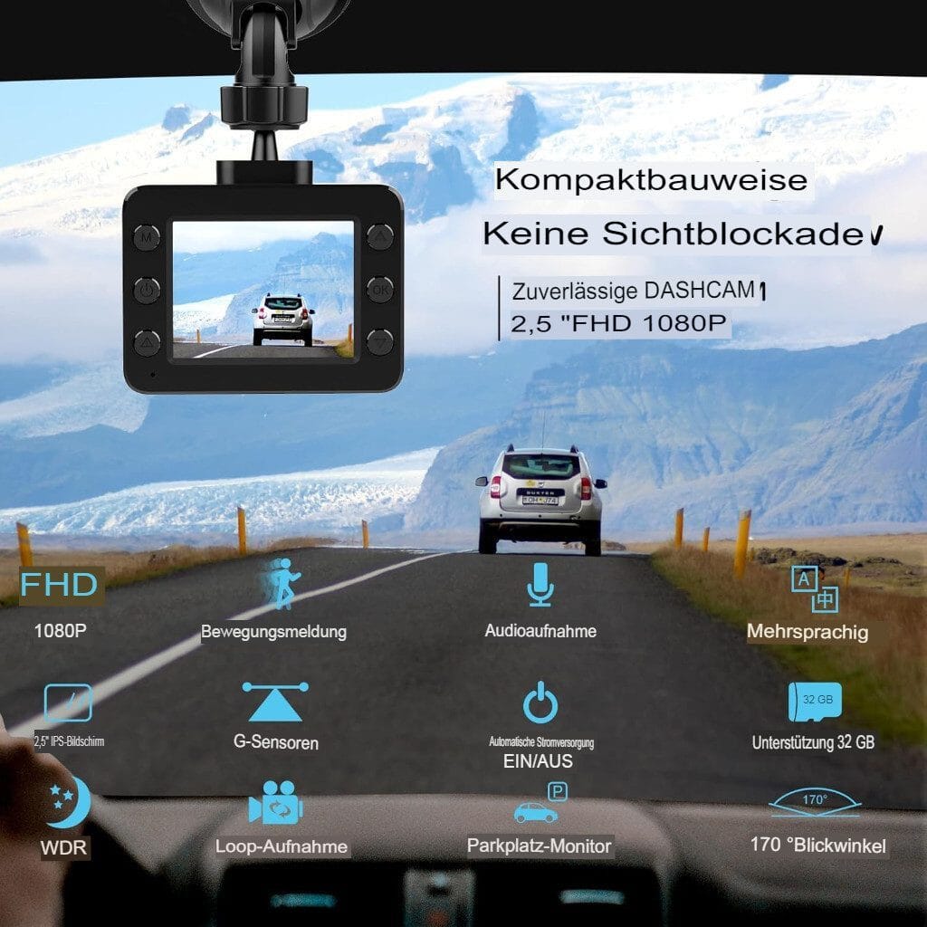FHD 1080P DASHCAM, 2,5-Zoll-IPS-Bildschirm mit 32 GB SD-Karte Dashcam
