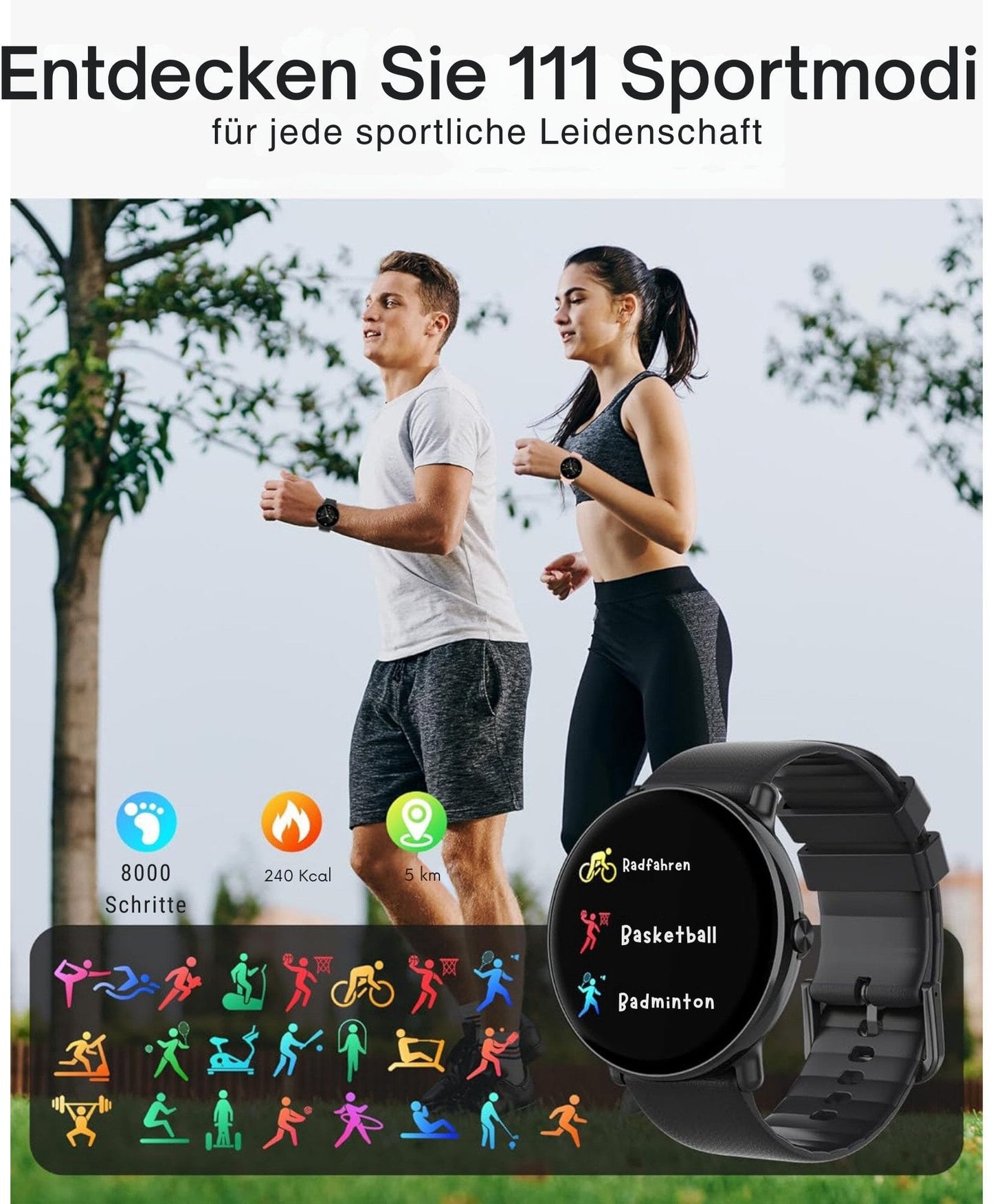 Damen & Herren – Fitnessuhr mit Bluetooth-Telefonie, AMOLED-Display Smartwatch
