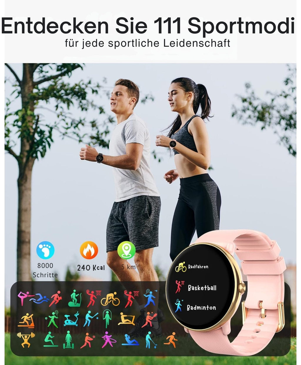 Damen & Herren – Fitnessuhr mit Bluetooth-Telefonie, AMOLED-Display Smartwatch