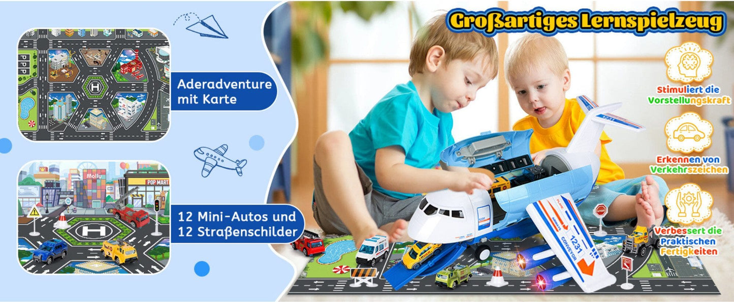 Spielzeug-Flugzeug mit Lichtern, Geräuschen, Sprühfunktion und 12-teiligem Spielzeugauto