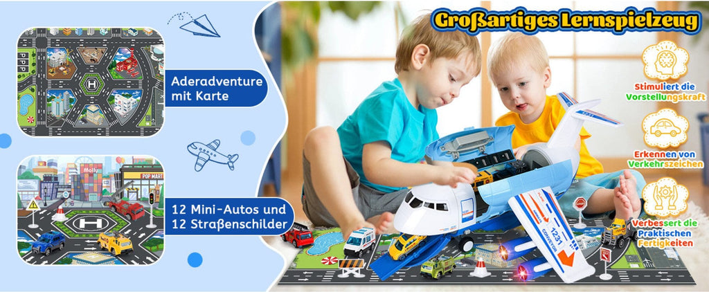 Spielzeug-Flugzeug mit Lichtern, Geräuschen, Sprühfunktion und 12-teiligem Spielzeugauto