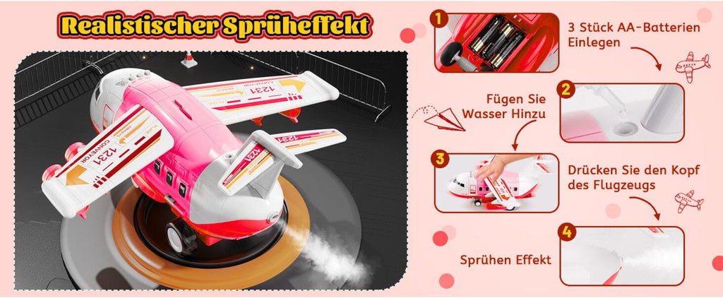 Spielzeug-Flugzeug mit Lichtern, Geräuschen, Sprühfunktion und 12-teiligem Spielzeugauto