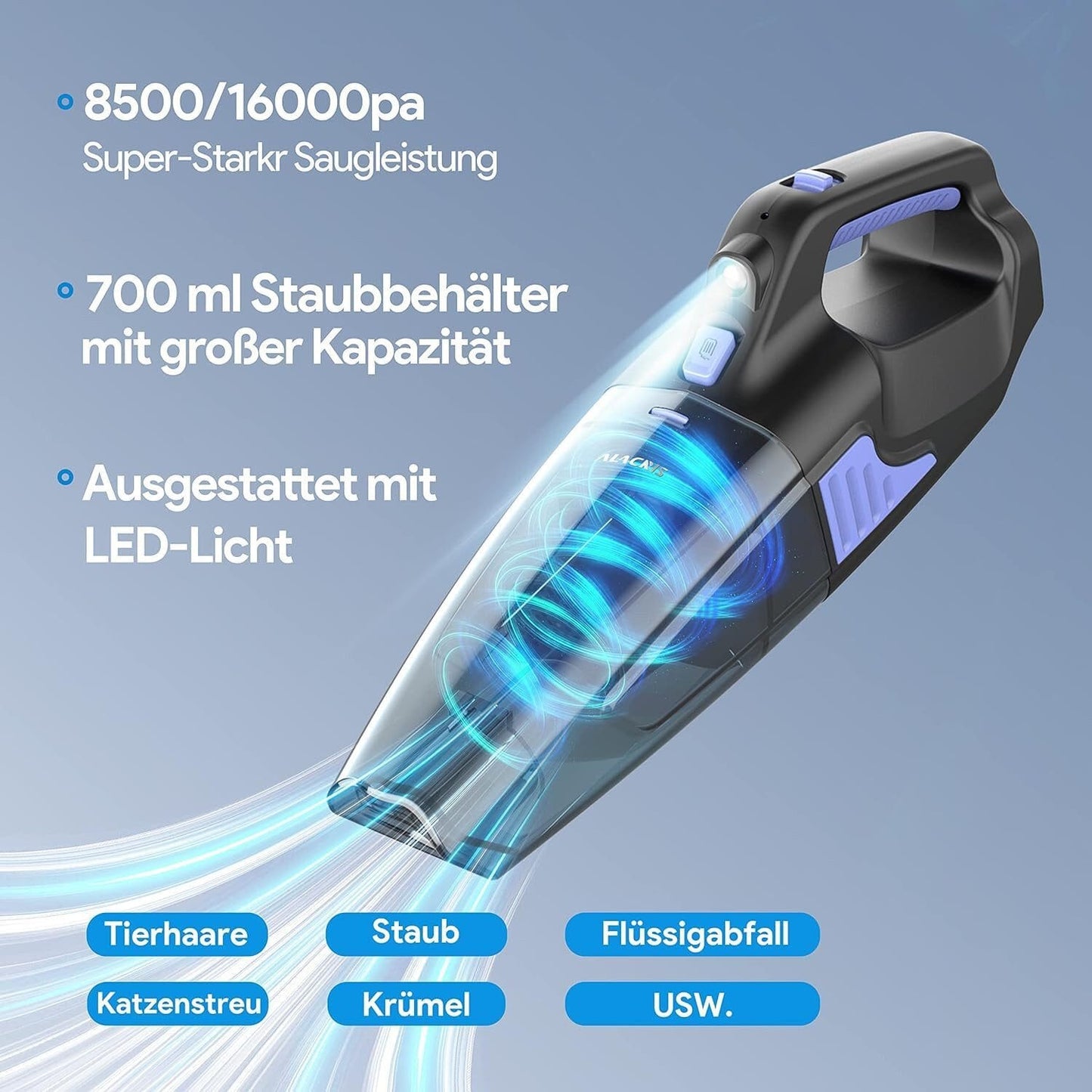 Akku-Handstaubsauger für Auto 2 Geschwindigkeiten für nass/trocken, Haus- und Tierhaare