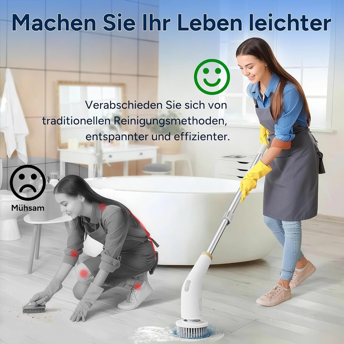 Reinigungsbürste mit 11 Bürstenköpfen, Teleskopgriff, 2 Geschwindigkeiten kabellos
