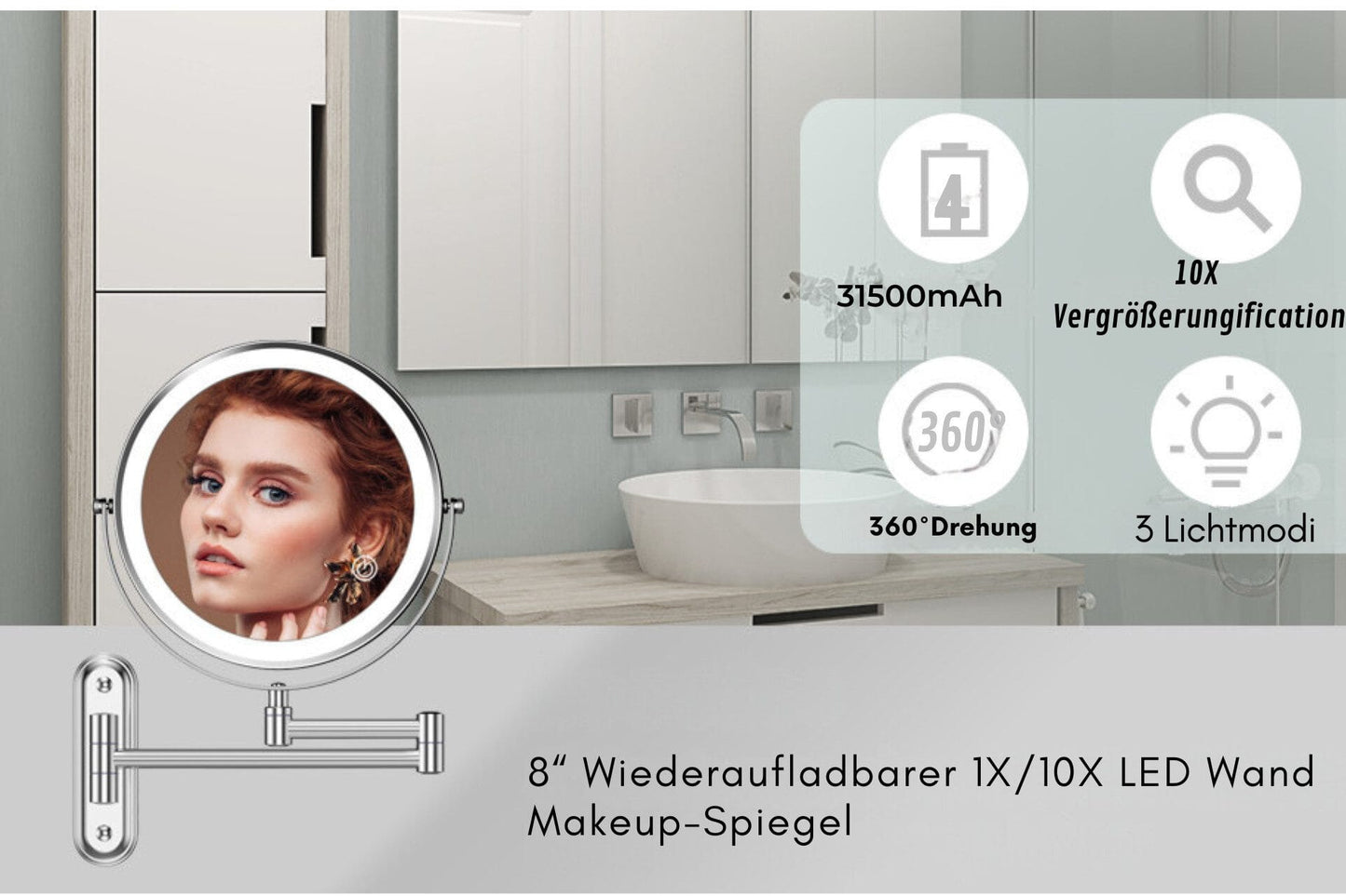 Kosmetikspiegel Wiederaufladbarer beleuchteter Schminkspiegel, erweiterbares Design
