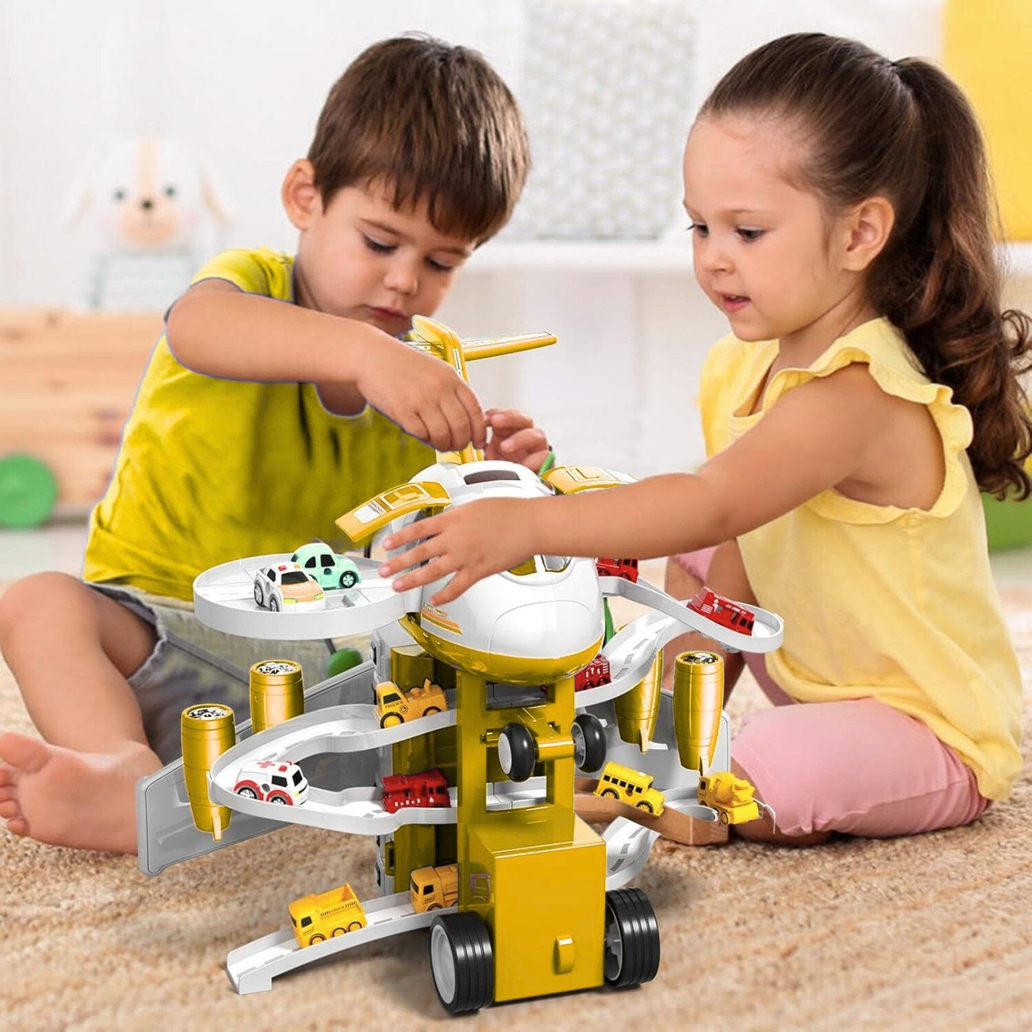 Spielzeug-Flugzeug mit 12 Stadtautos & Rennstrecke Rennbahn Auto Spielzeug für Kinder