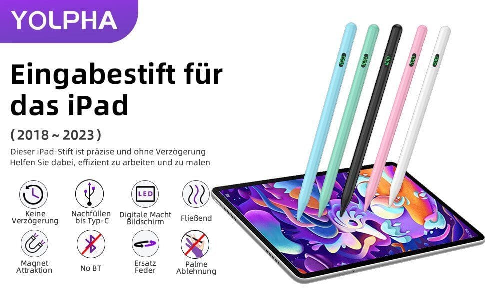 Eingabestift iPad, Active Stylus Pen - Handfläschenerkennung mit 5 Ersatzspitzen