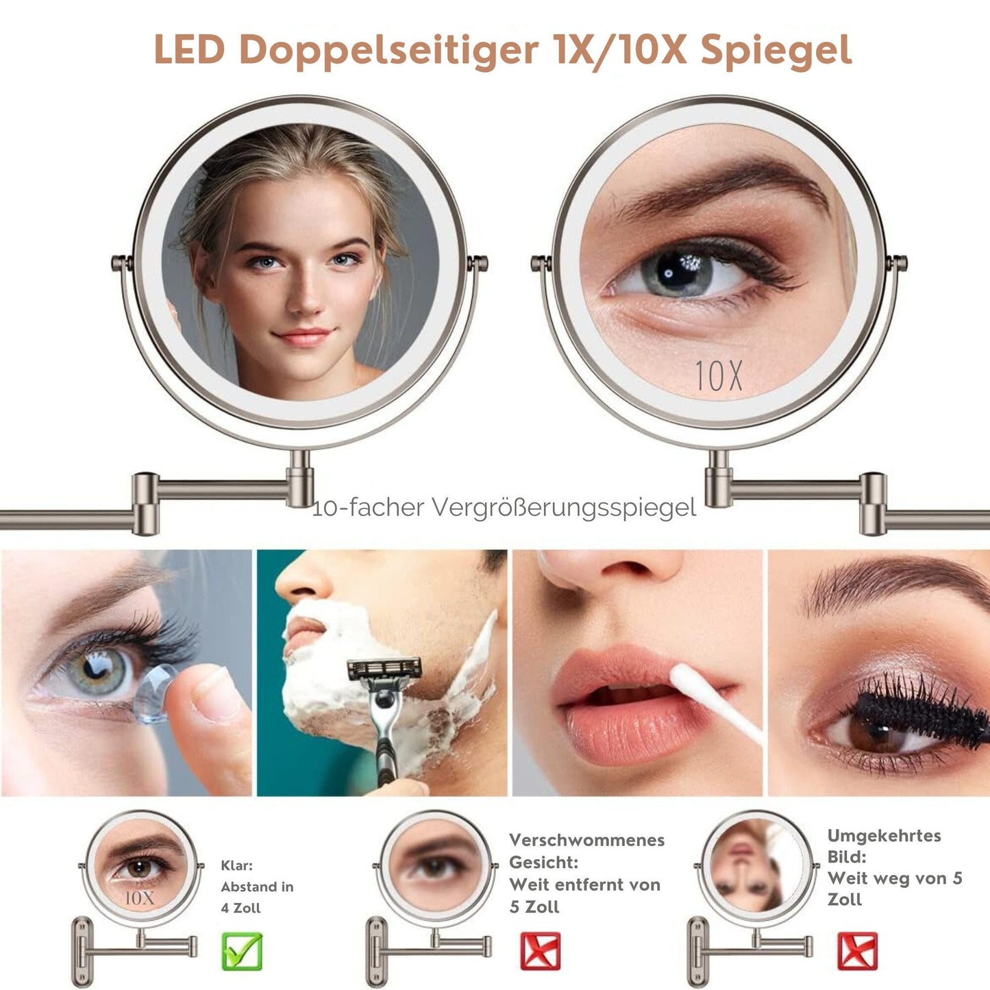 Kosmetikspiegel Wiederaufladbarer beleuchteter Badezimmerspiegel, 1X/10X Vergrößerung