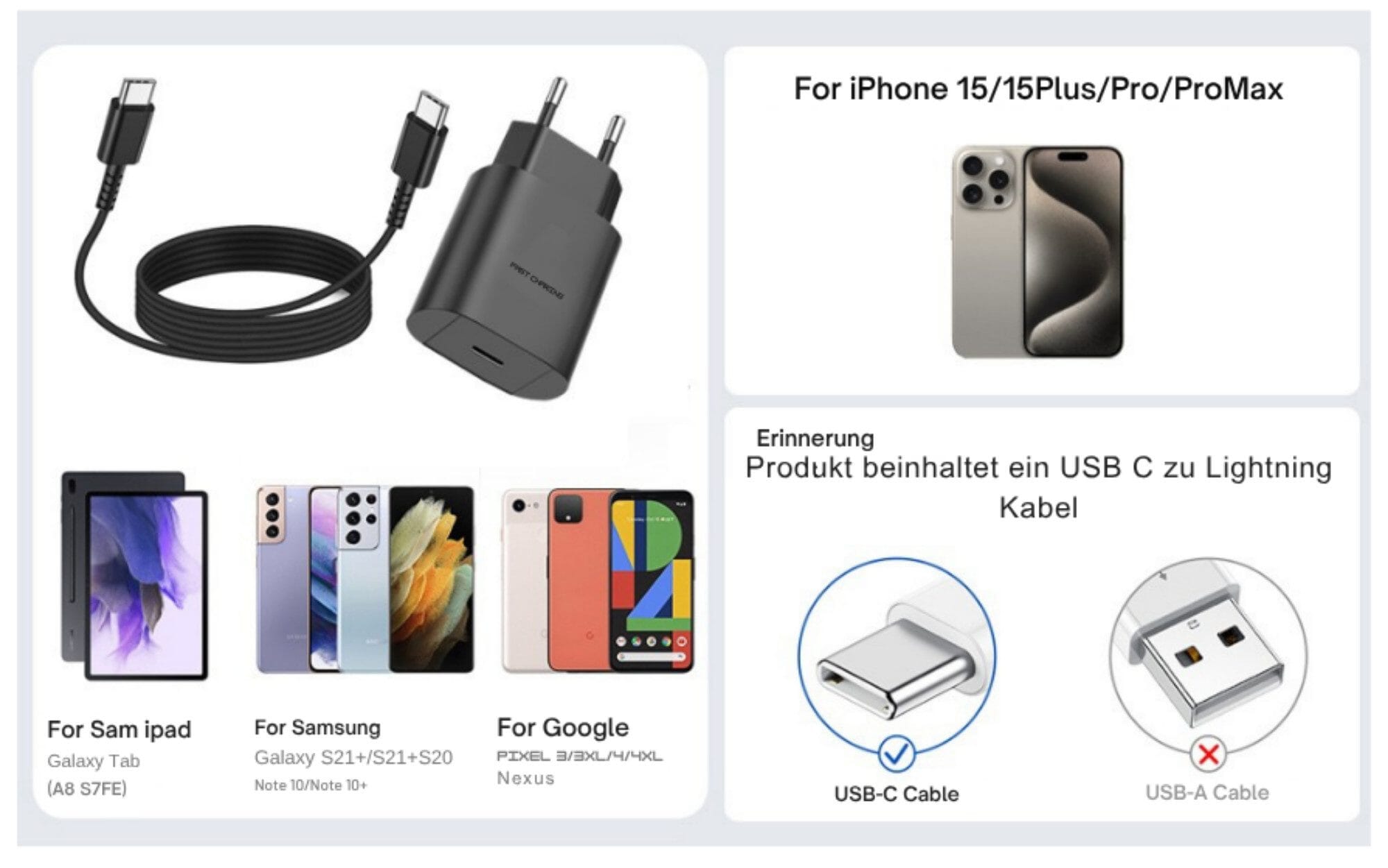 25W USB-C mit 2 Meter Kabel, universell kompatibles ultraschnelles Schnelllade-Gerät