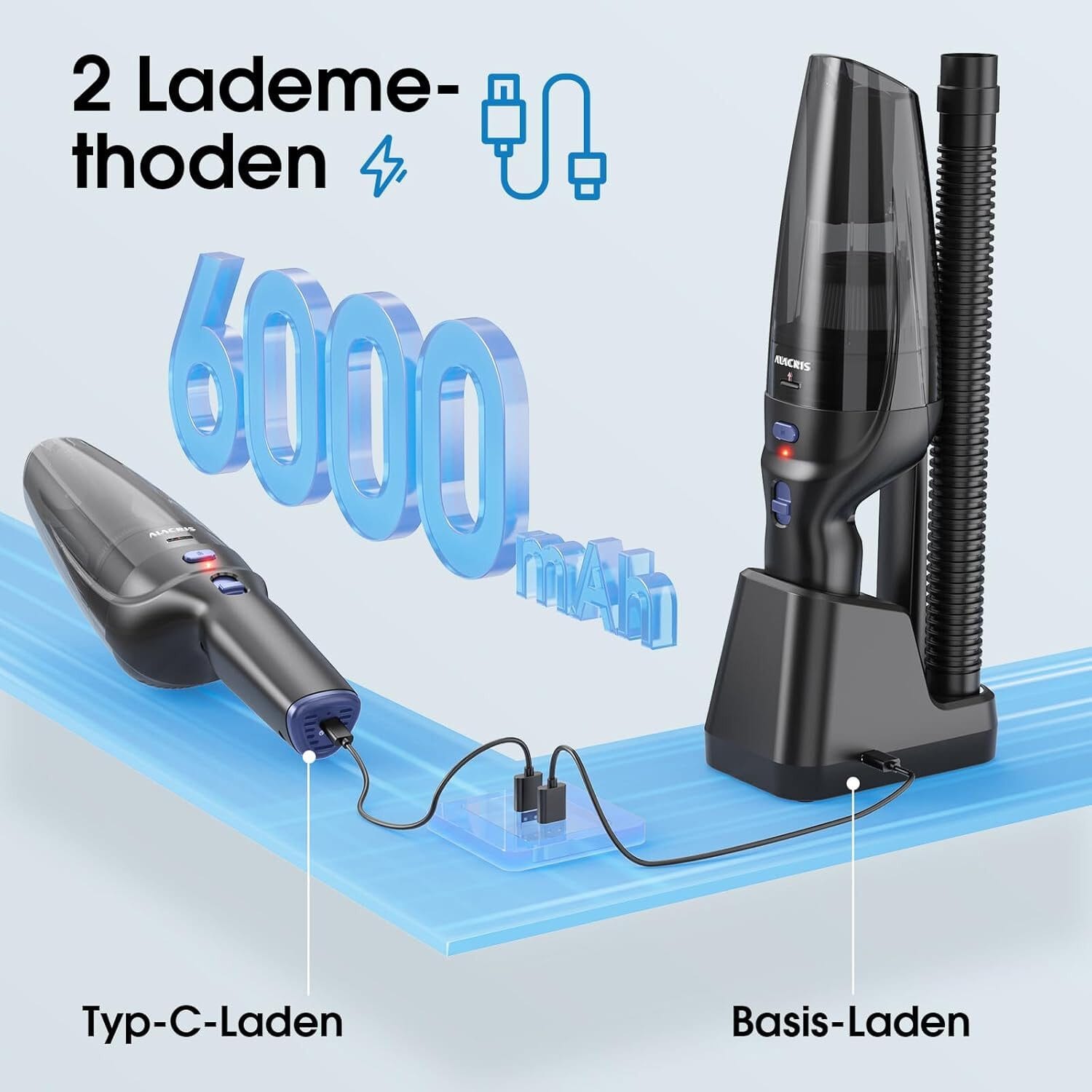Akku-Handstaubsauger mit 9500Pa Saugkraft, 4 Aufsätzen, USB-C, Ladestation, 3x2000mAh Akku