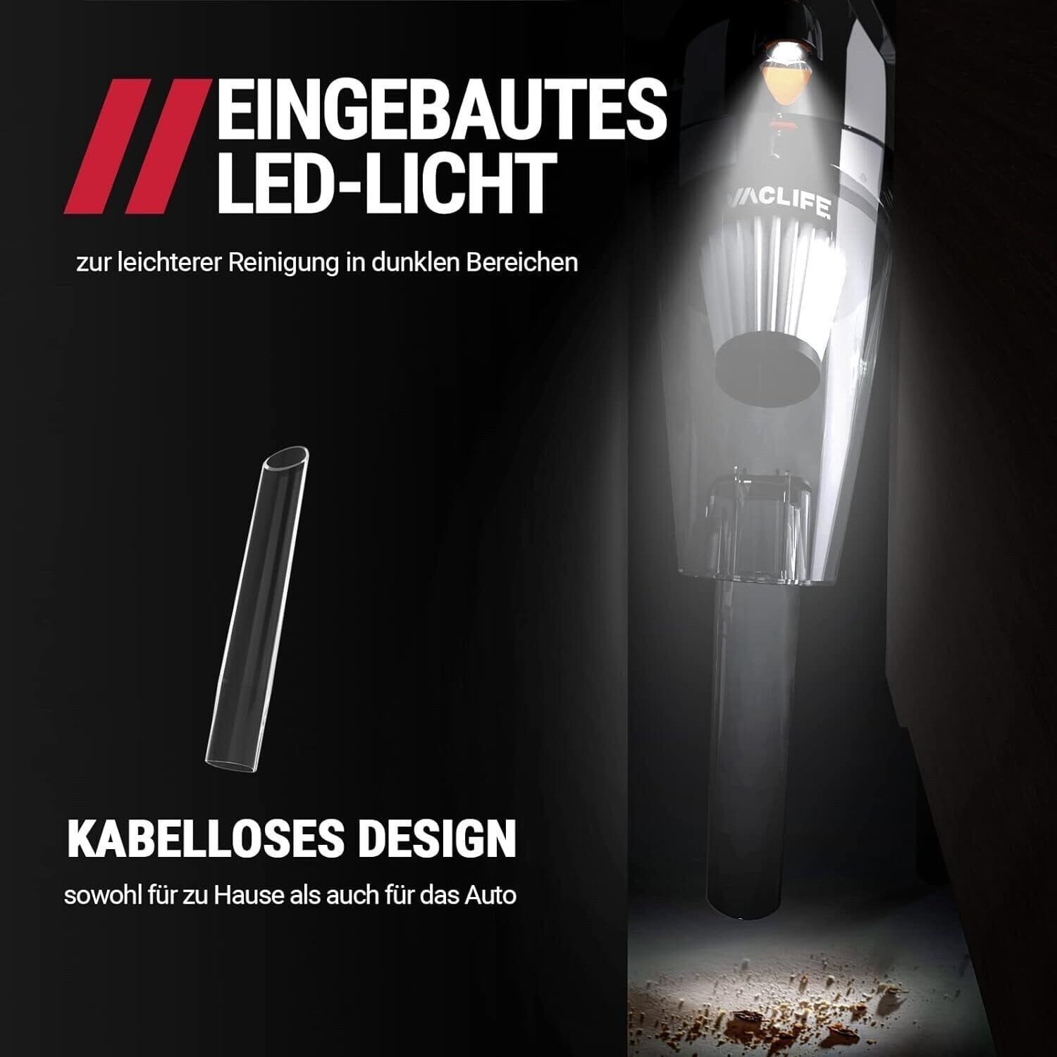 Akku-Handstaubsauger Kabellos & Tragbar + eingebaute LED-Licht + professionelle Aufsätze