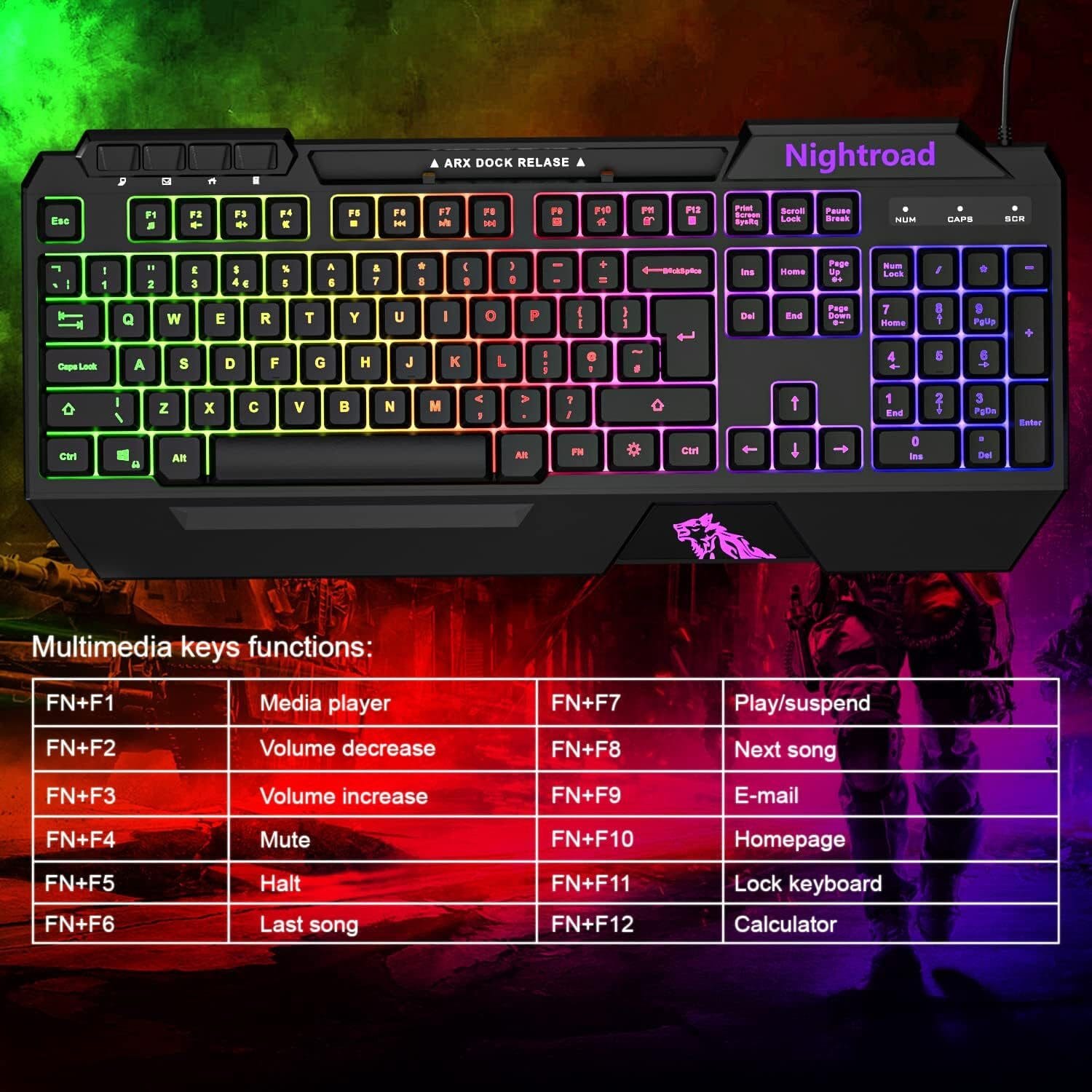 Nightroad RGB LED-Hintergrundbeleuchtung QWERTY, mit Handyhalterung Gaming-Tastatur