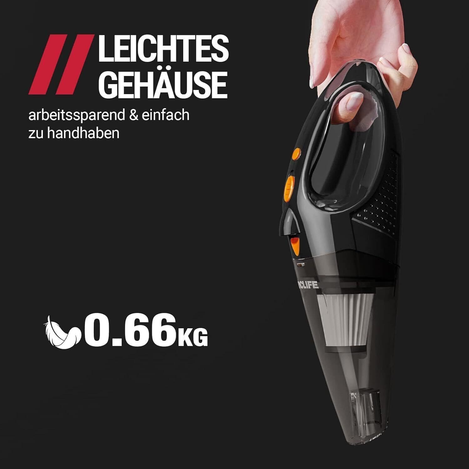 Akku-Handstaubsauger Kabellos & Tragbar + eingebaute LED-Licht + professionelle Aufsätze