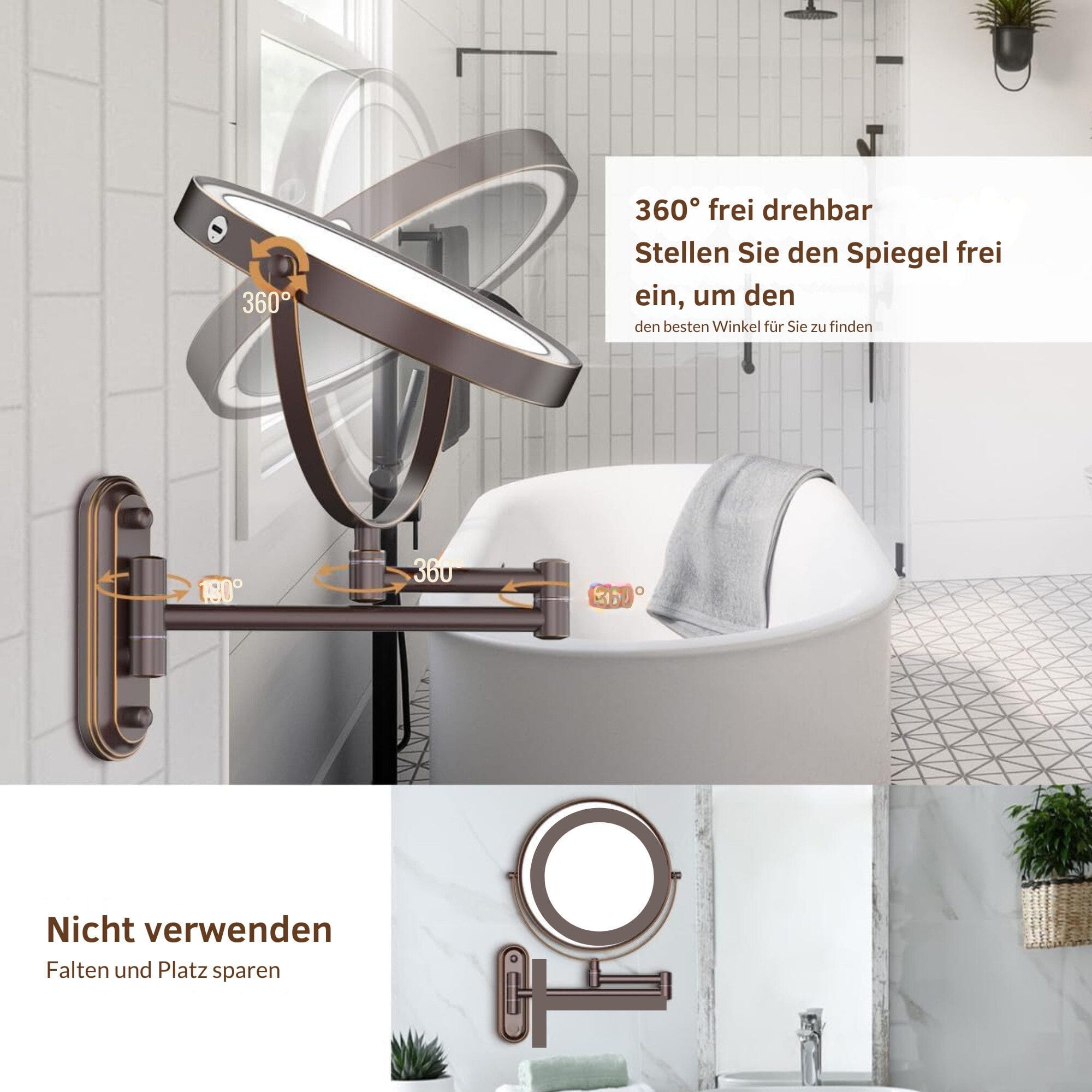 Kosmetikspiegel Wiederaufladbarer beleuchteter Badezimmerspiegel, 1X/10X Vergrößerung