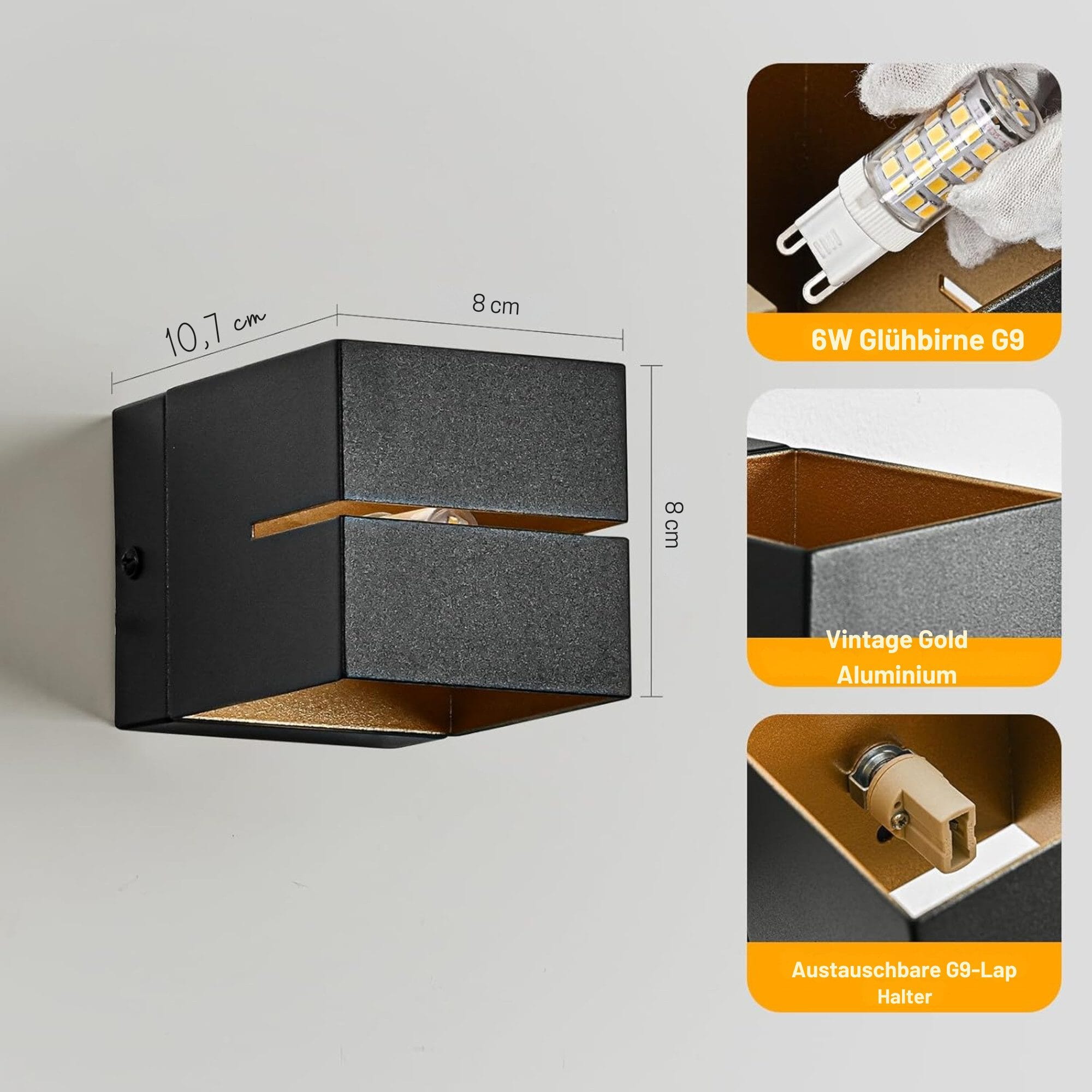 LED Wandleuchte Innen aus Aluminium – Wandlampe Schwarz Gold 6W G9 Warmweiß 3000K