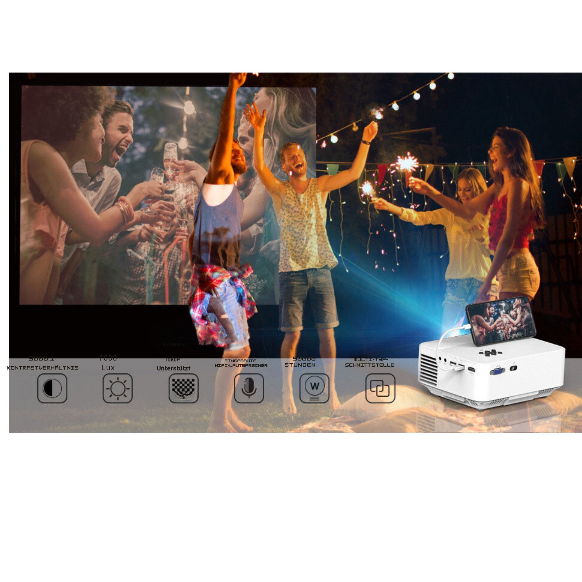 Mini Beamer mit Screen Mirroring, 7000 Lumen Heimkino FULL HD LED-Beamer