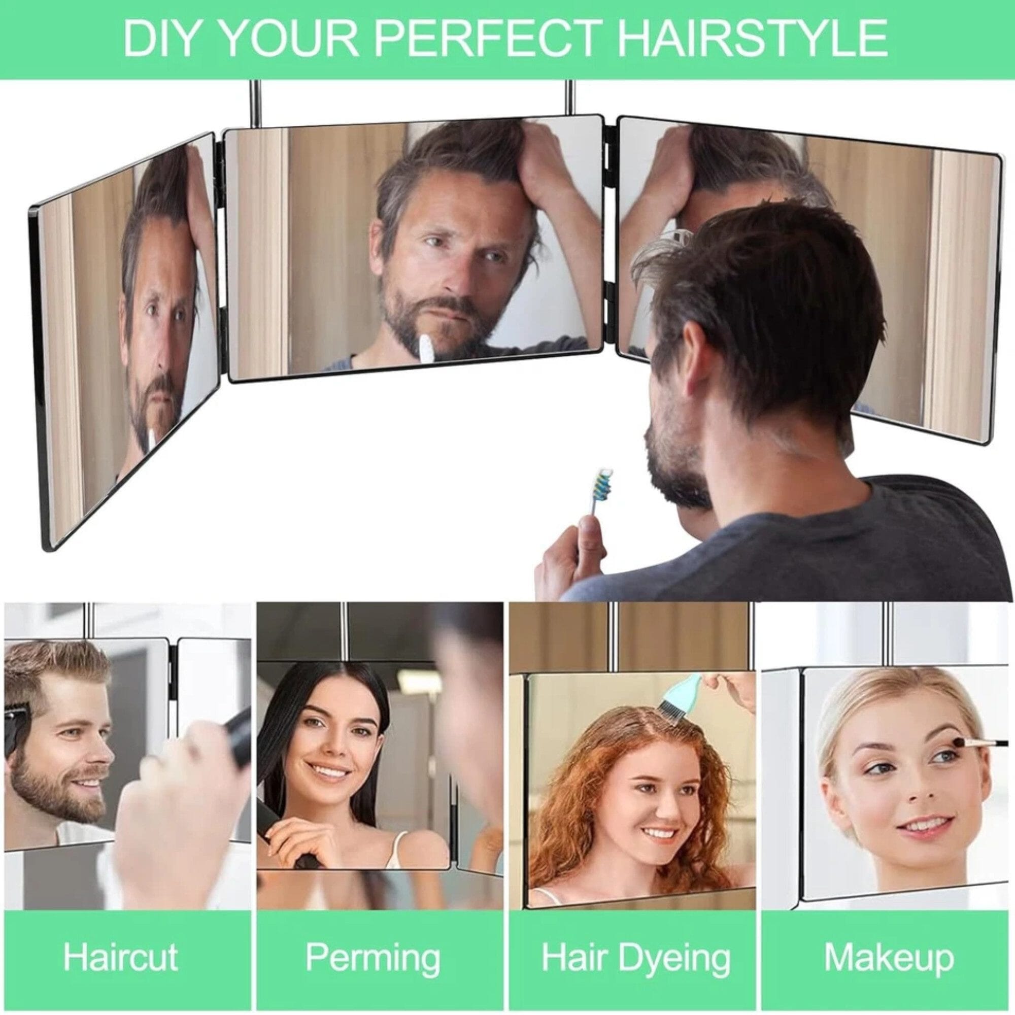 Kosmetikspiegel 360° 3-Wege-Spiegel mit Höhenverstellbarem Haken, Tragbar & Faltbar