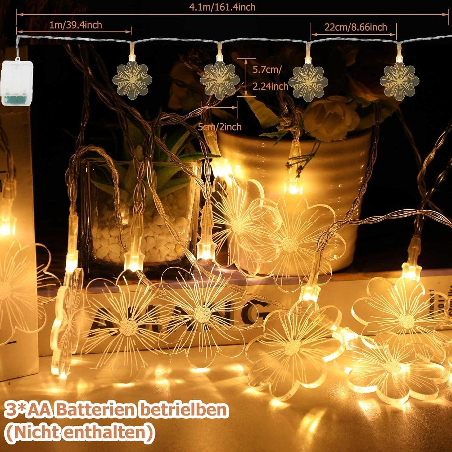 Lichterkette Innenbereich dekorative Lichter 4,1 m 15 LED USB wiederaufladbar
