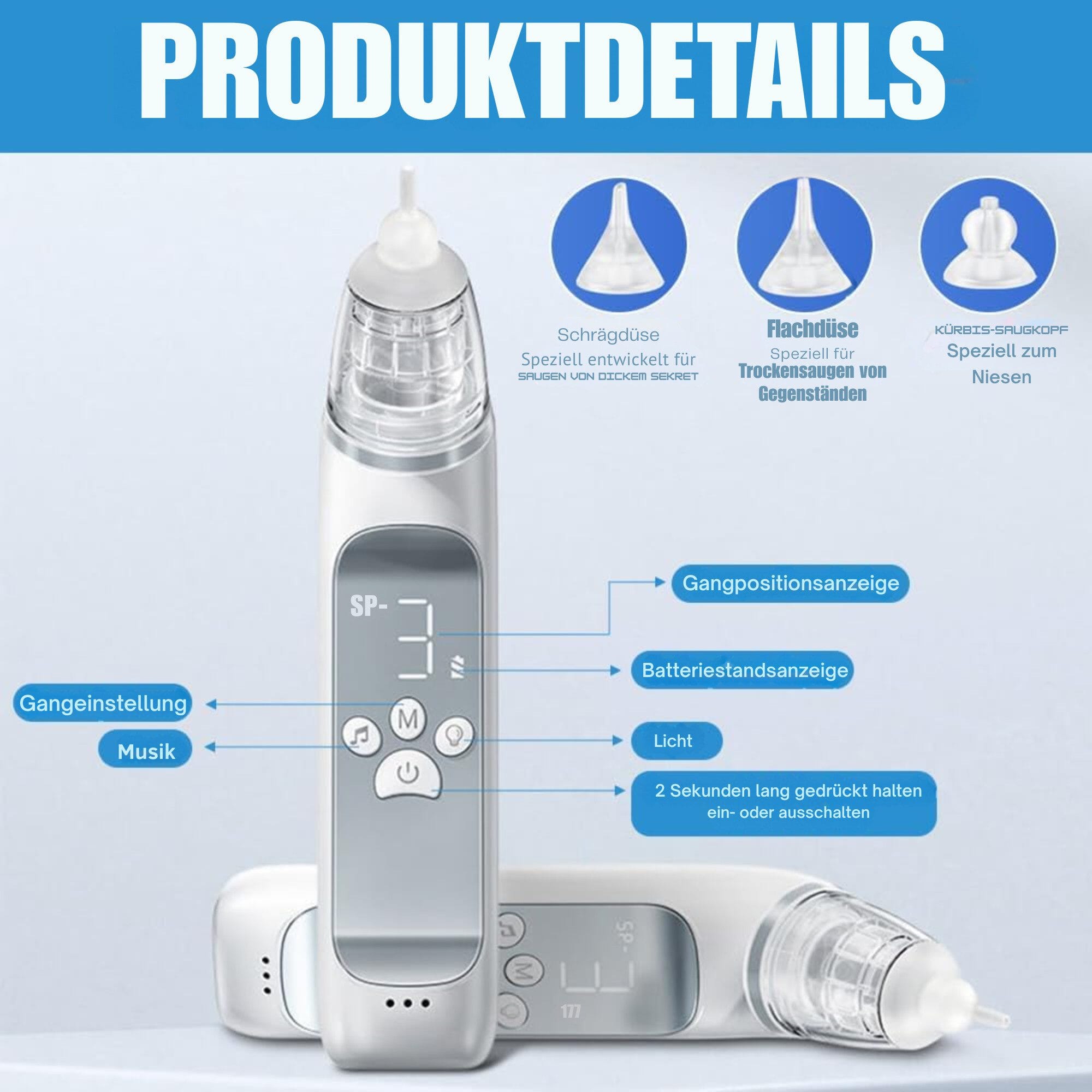 Nasensauger Baby mit 9 Saugstufen, Nachtlicht & Musik, Wiederaufladbar über USB-C