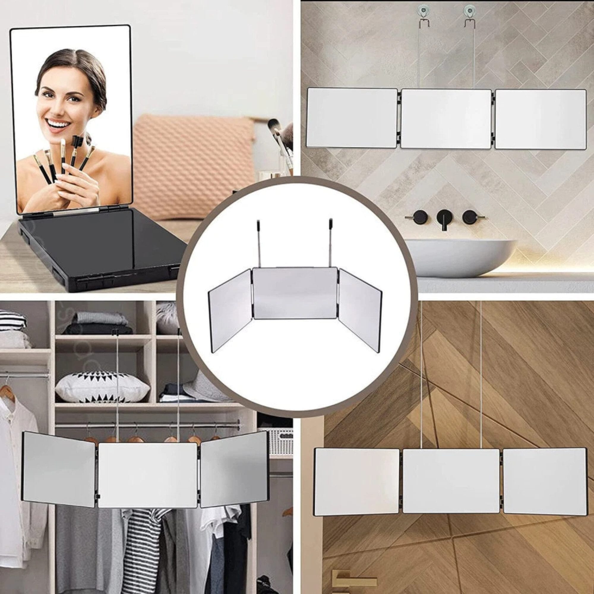 Kosmetikspiegel 360° 3-Wege-Spiegel mit Höhenverstellbarem Haken, Tragbar & Faltbar