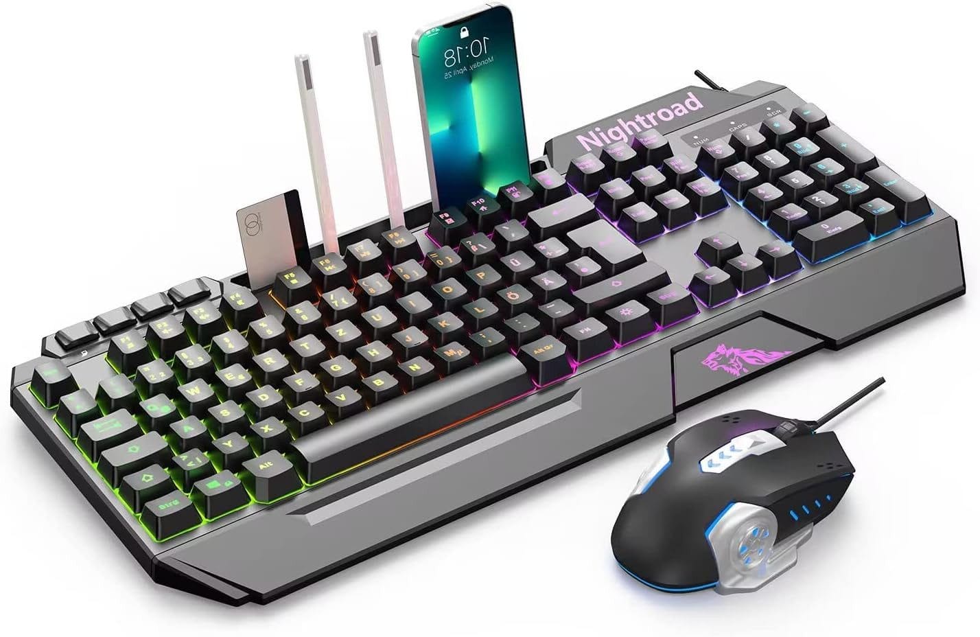 Nightroad RGB LED-Hintergrundbeleuchtung QWERTY, mit Handyhalterung Gaming-Tastatur