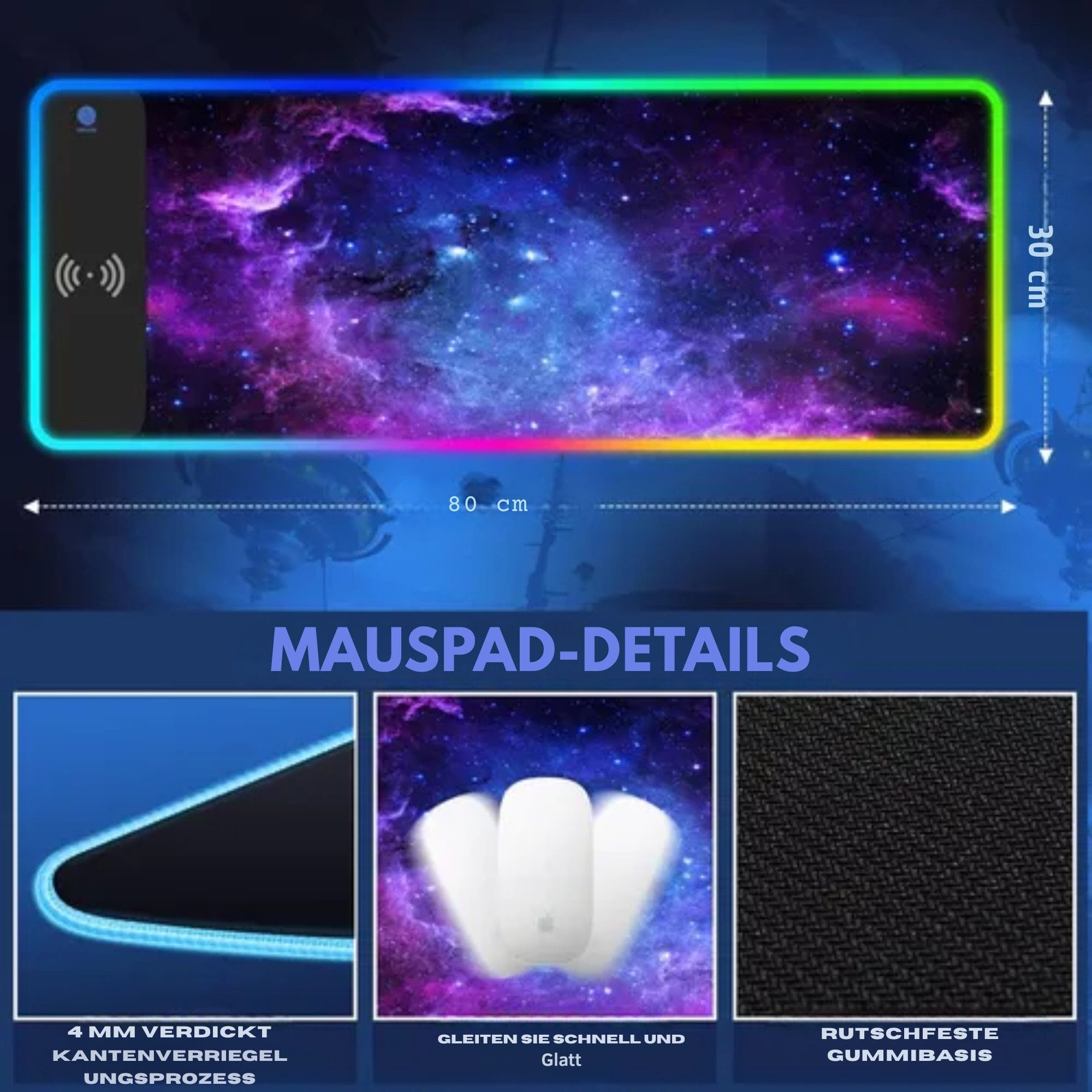 Gaming Mauspad mit Kabellosem Ladegerät (5W/7,5W/10W/15W), Automatische Anpassung