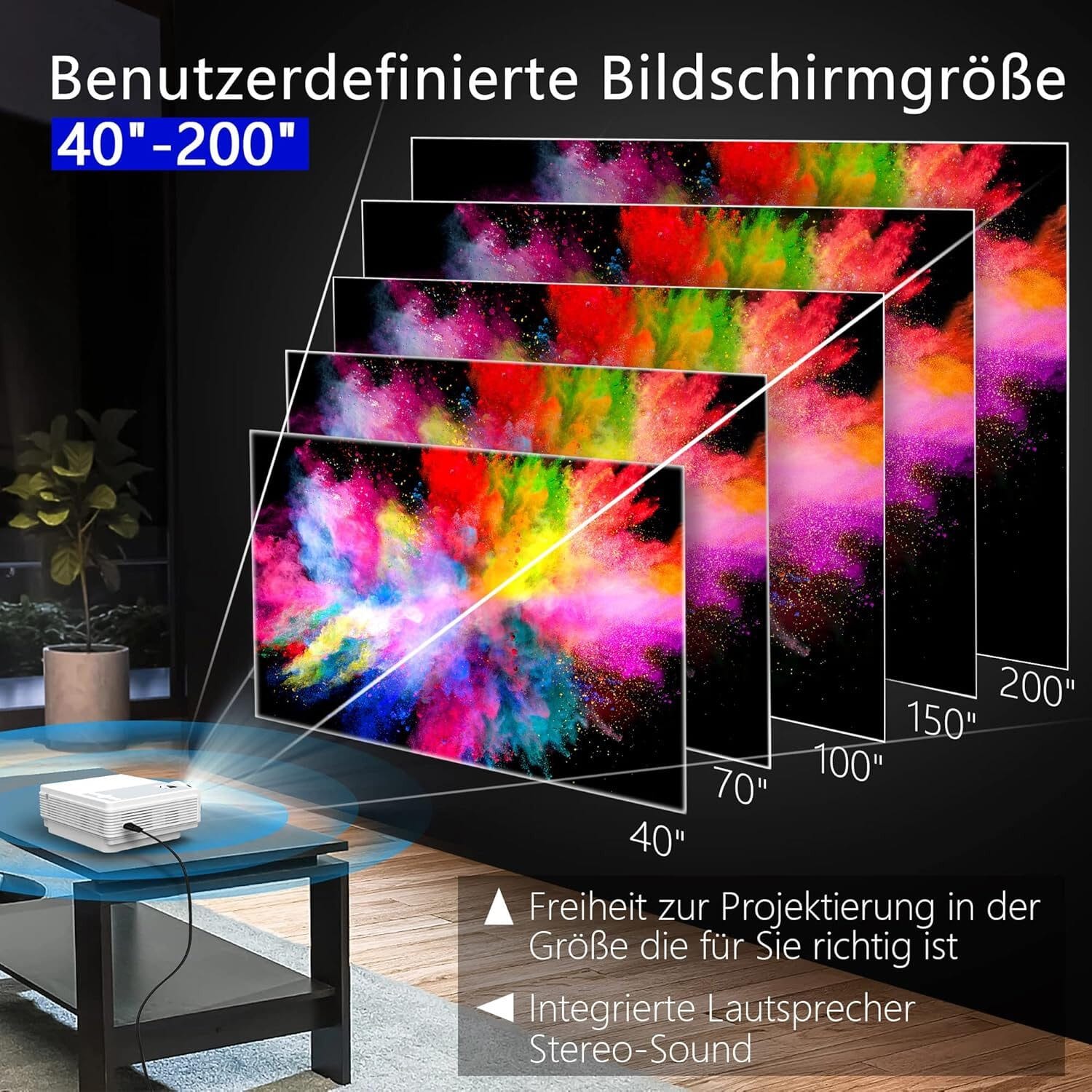 Mini-Projektor Full HD 1080P, 12.000 Lumen, 300-Zoll-Projektor LED-Beamer