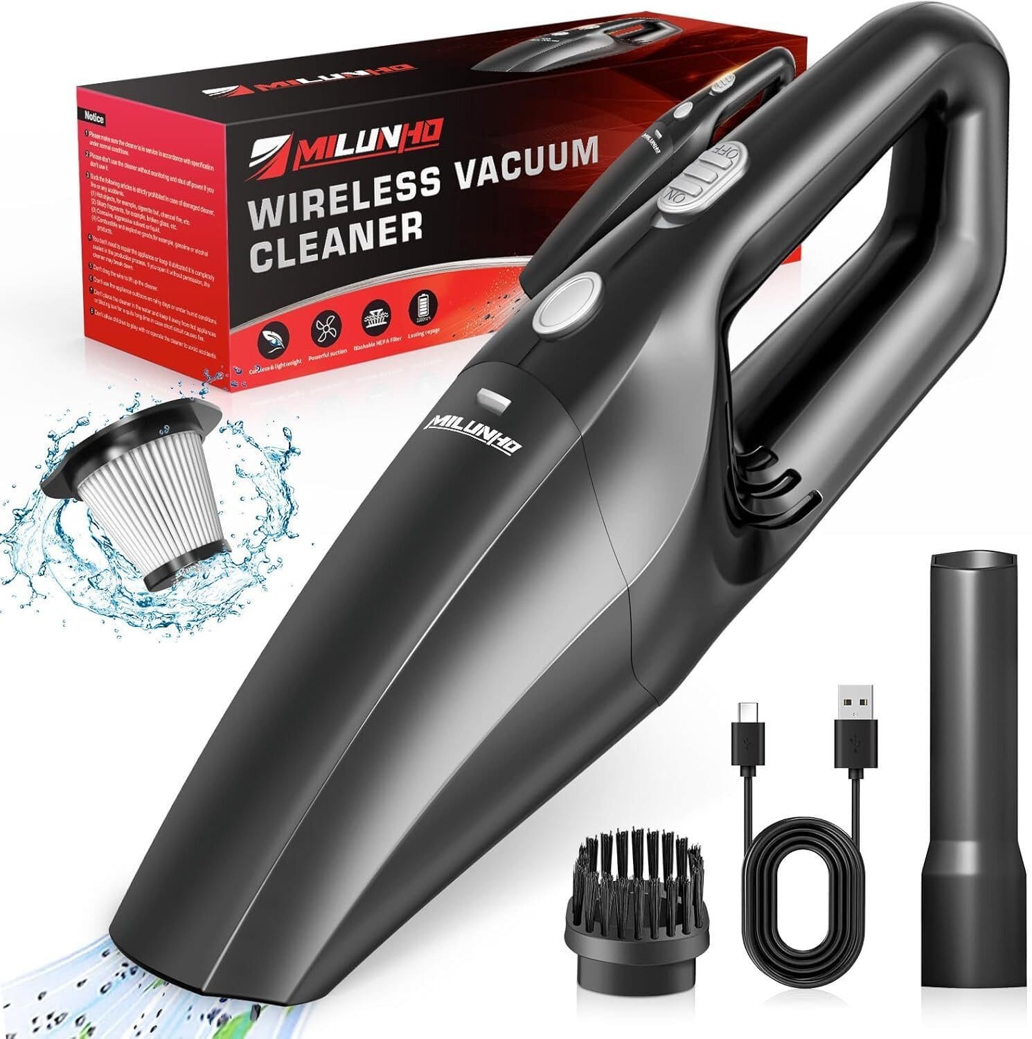 Akku-Handstaubsauger Kabellos, LED-Licht mit HEPA-Filter & Zwei Aufsätze