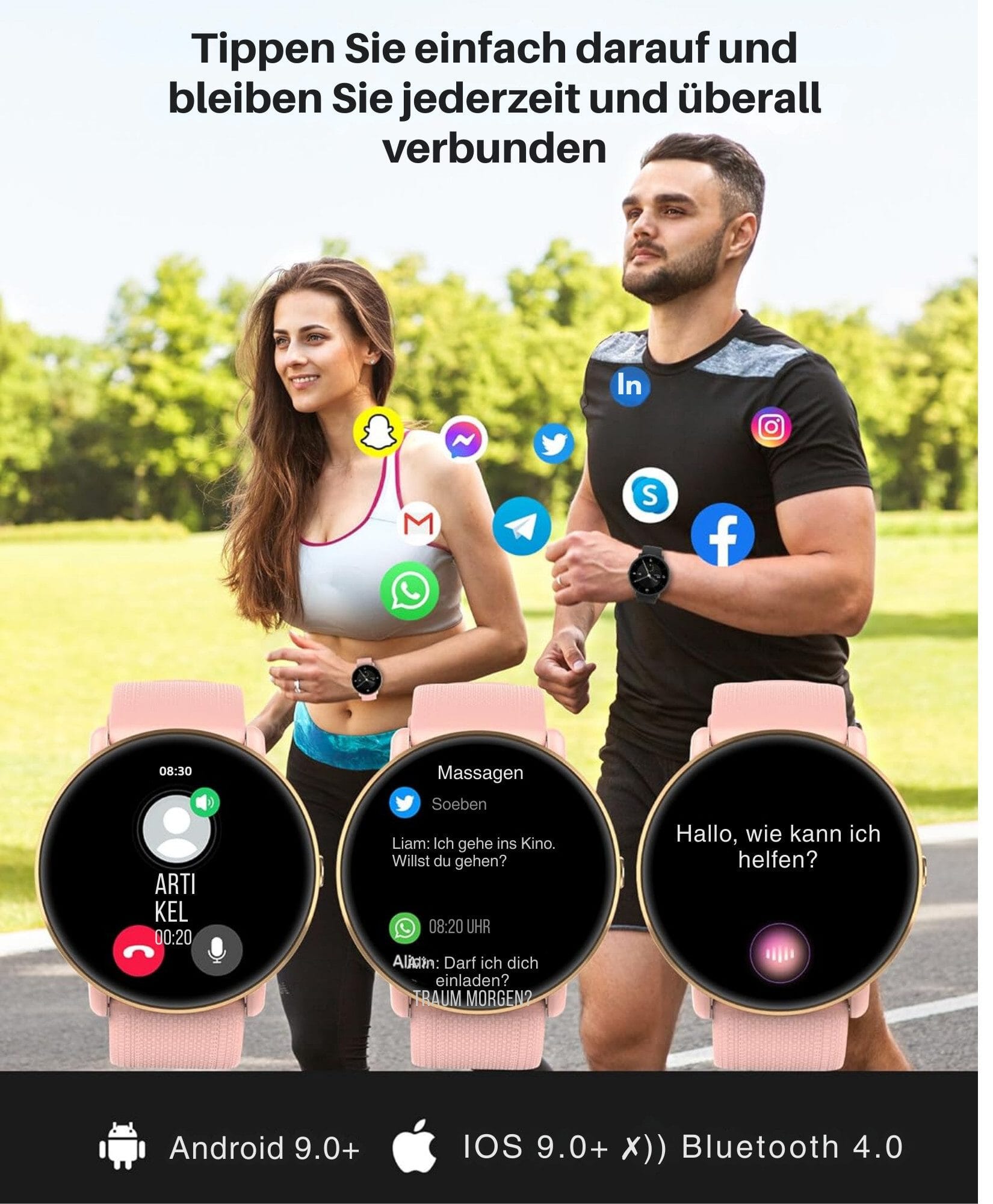 Damen & Herren – Fitnessuhr mit Bluetooth-Telefonie, AMOLED-Display Smartwatch