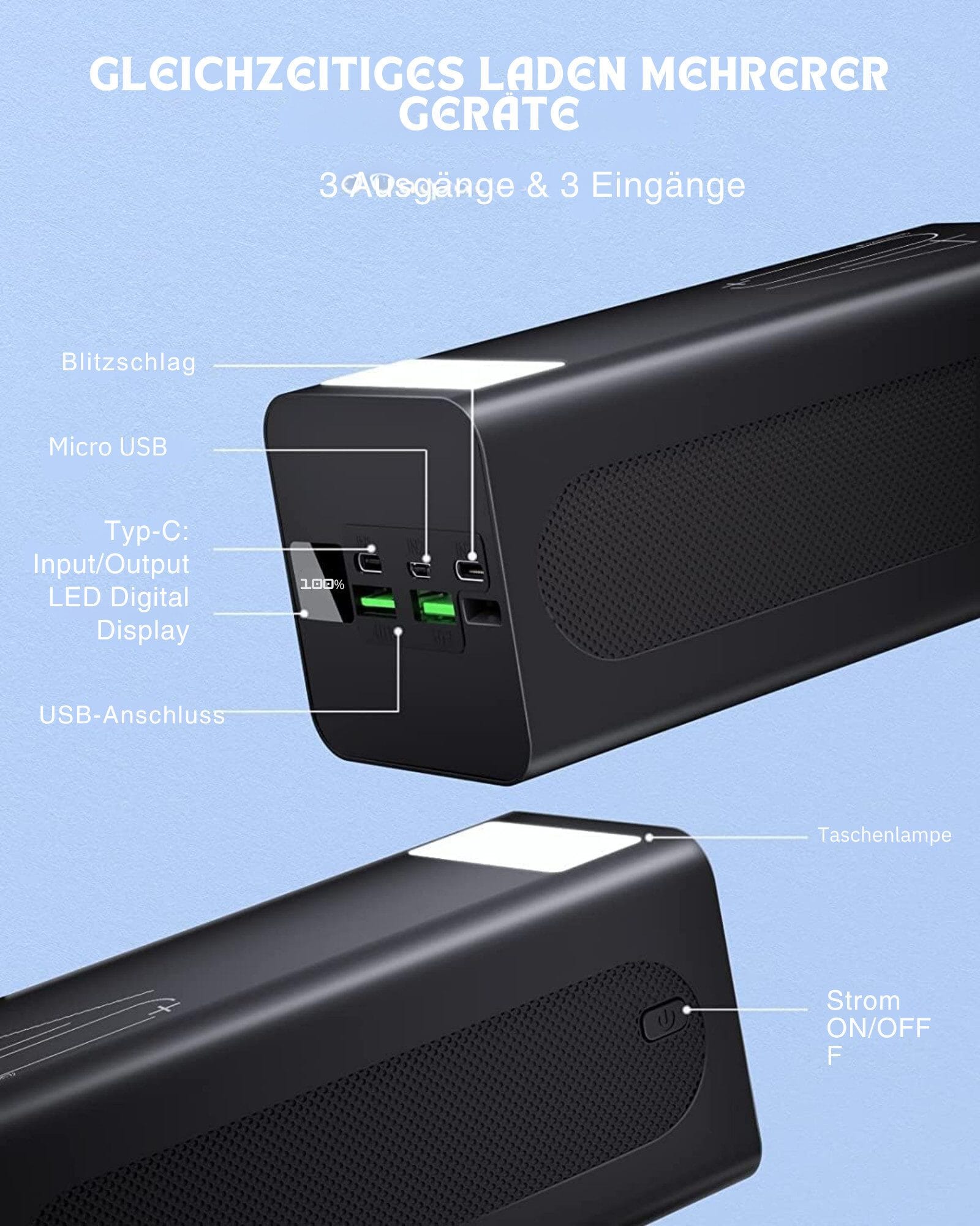 40000 mAh Tragbares Ladegerät mit 18W PD USB-C Schnellladung Powerbank