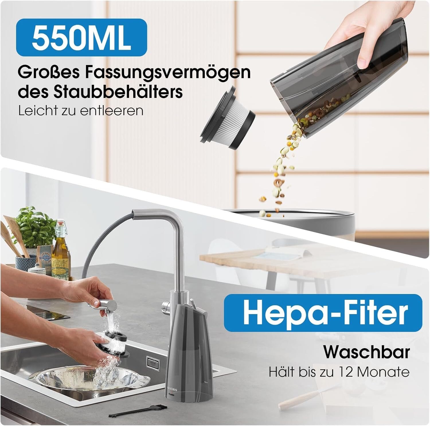 Akku-Handstaubsauger mit 9500Pa Saugkraft, 4 Aufsätzen, USB-C, Ladestation, 3x2000mAh Akku