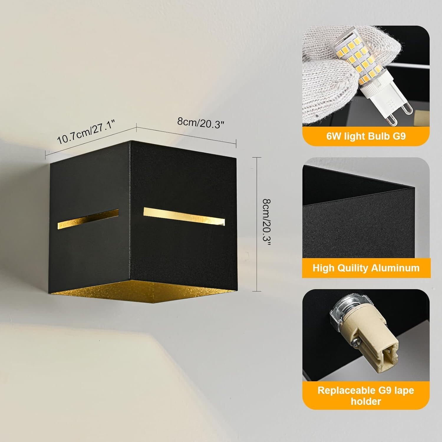 LED Wandleuchte Innen Schwarz Gold – 6W G9 Austauschbar 3000K Warmweiß