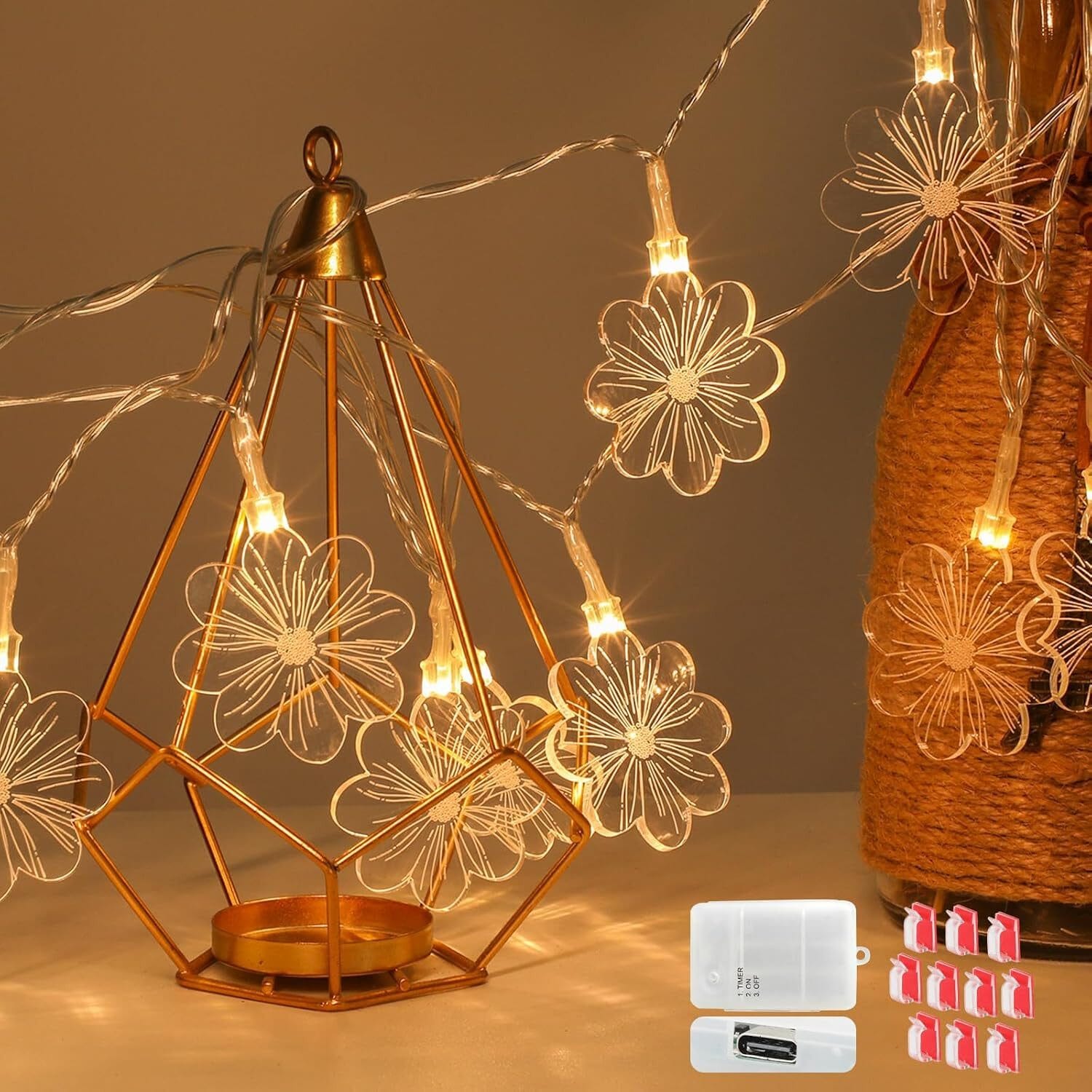 Lichterkette Innenbereich dekorative Lichter 4,1 m 15 LED USB wiederaufladbar