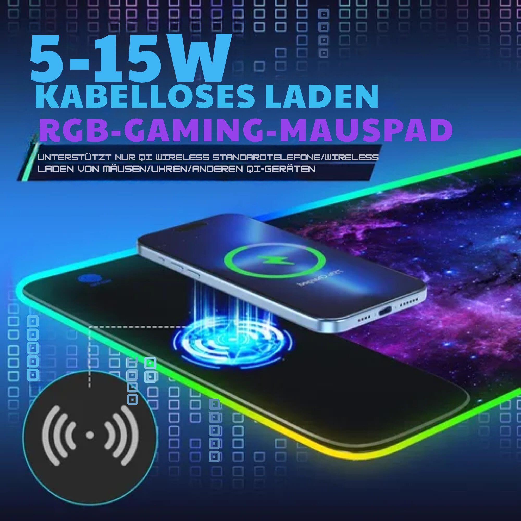 Gaming Mauspad mit Kabellosem Ladegerät (5W/7,5W/10W/15W), Automatische Anpassung