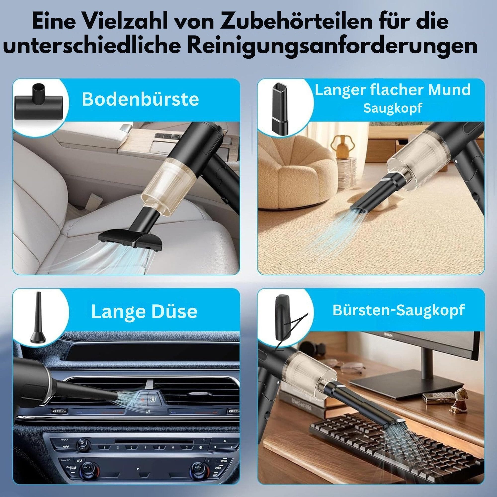 Akku-Handstaubsauger 3-Gang Einstellbar mit 5-Schnittstellen-Zubehör