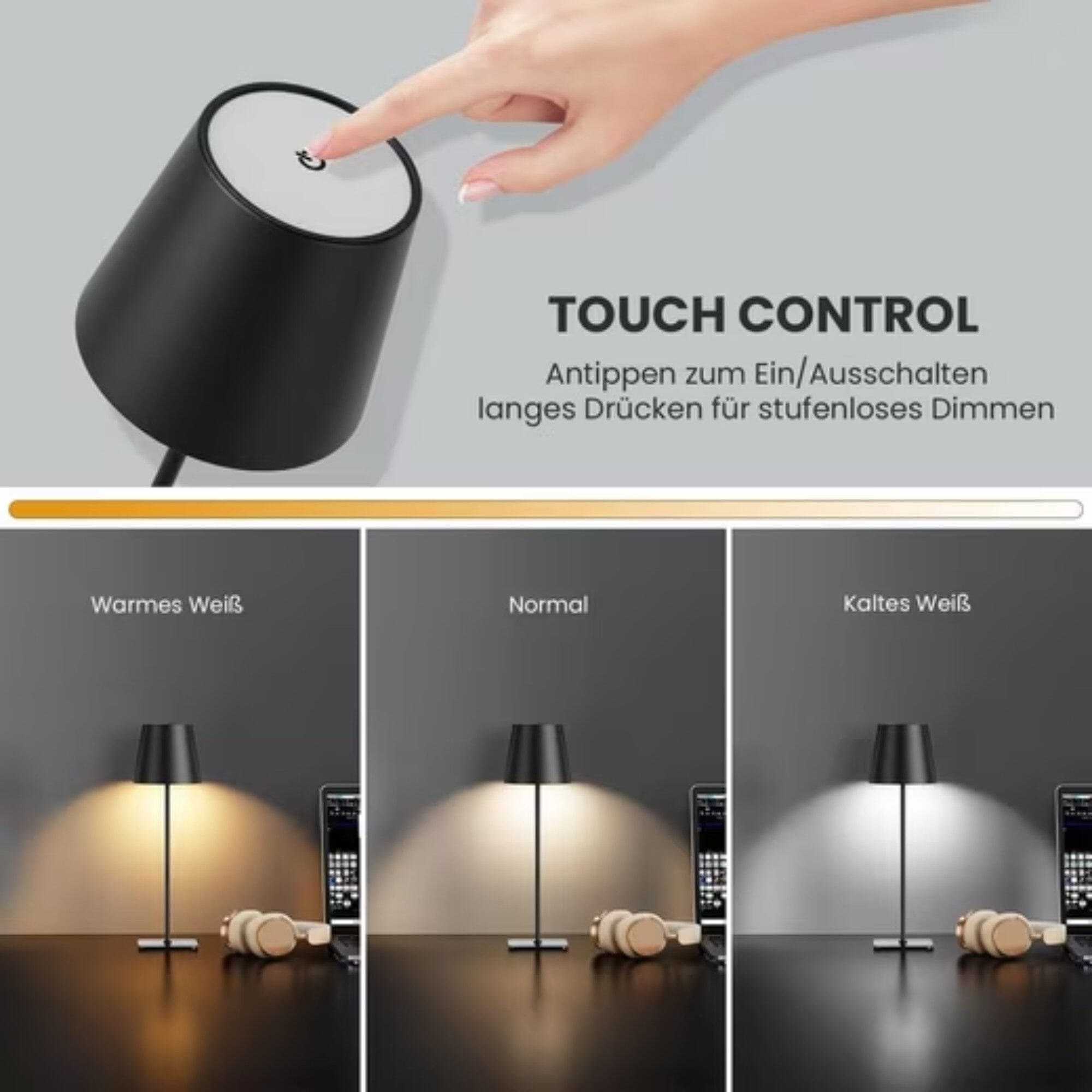 LED Tischleuchte mit 3 Farbtemperaturen -Wiederaufladbar,Touch-Dimmer,IP54 Wasserdicht