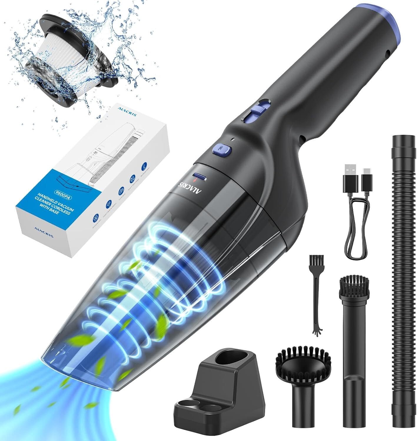 Akku-Handstaubsauger mit 9500Pa Saugkraft, 4 Aufsätzen, USB-C, Ladestation, 3x2000mAh Akku