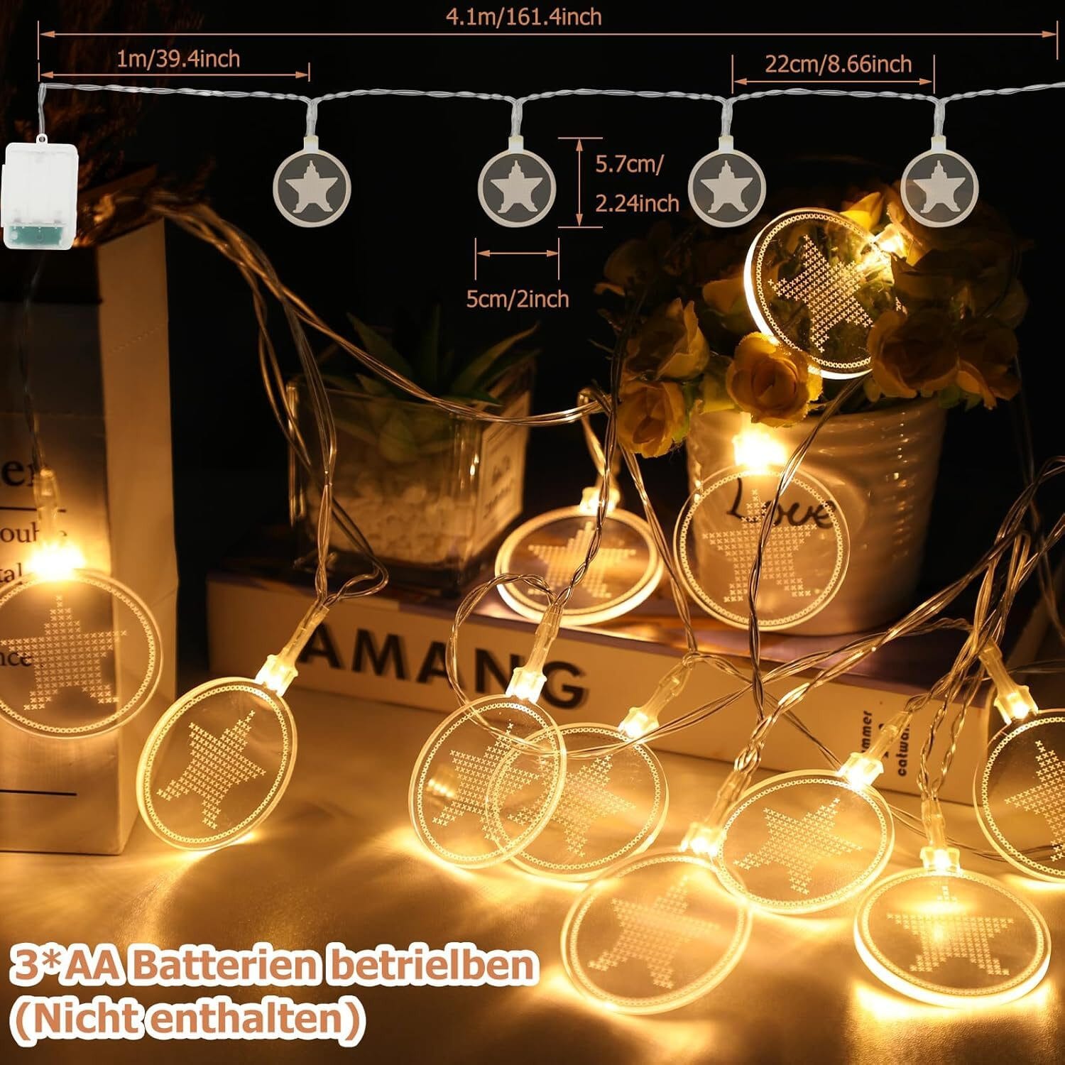 Lichterkette Innenbereich dekorative Lichter 4,1 m 15 LED USB wiederaufladbar